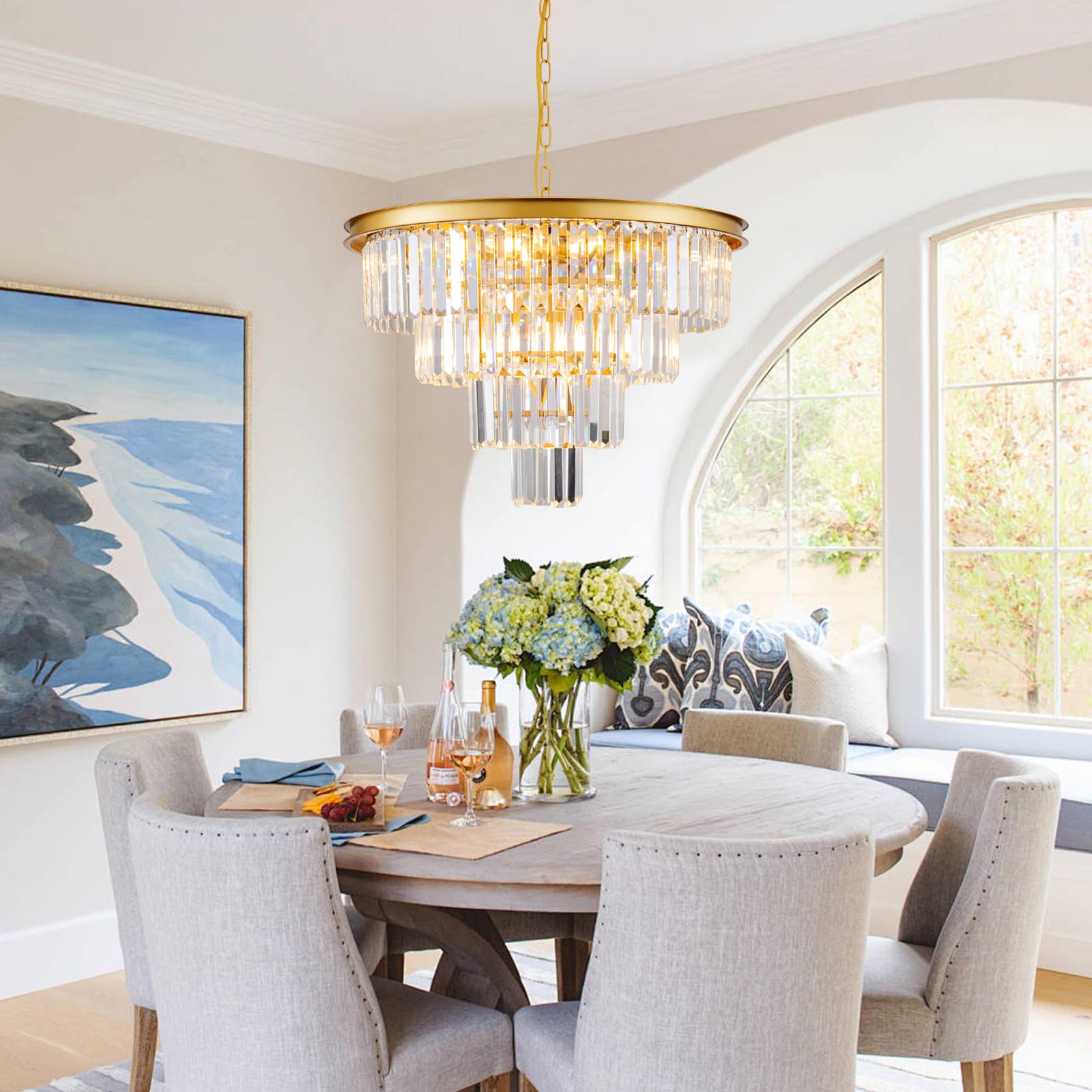 Hccz 10-Light Gold Crystal Chandelier, Round 4-Tier Pendant For Dining Room & Living Spaces