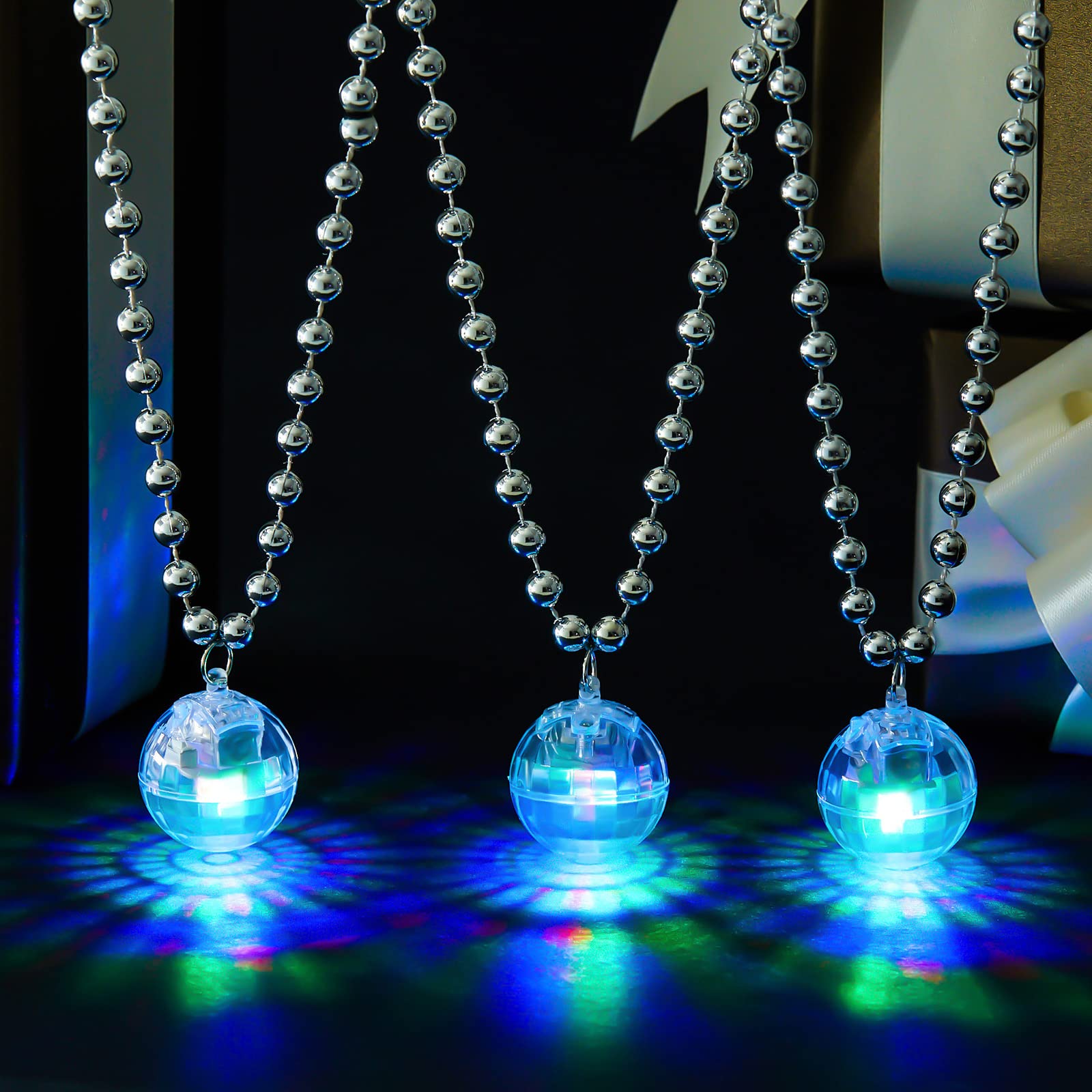 Henoyso 24 Pcs LED Disco Ball Necklaces Light up Mardi Gras Beads Necklaces 70s Disco Necklace Disco Party Favors Costume Neckla
