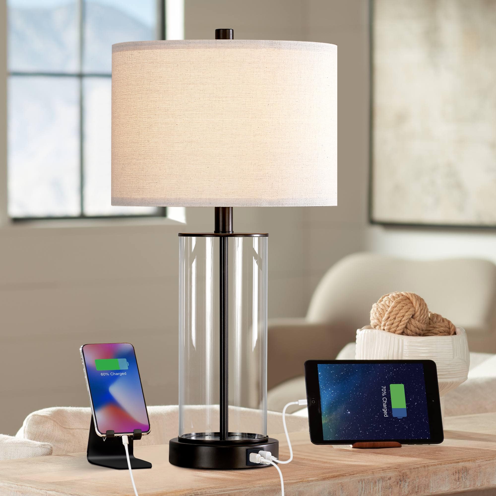 Kawotl 23'' Clear Glass Table Lamp Set Of 2 Bedroom Lamps With Usb Ports And Ac Outlet Living Room Nightstand Lamp Bulbs Include