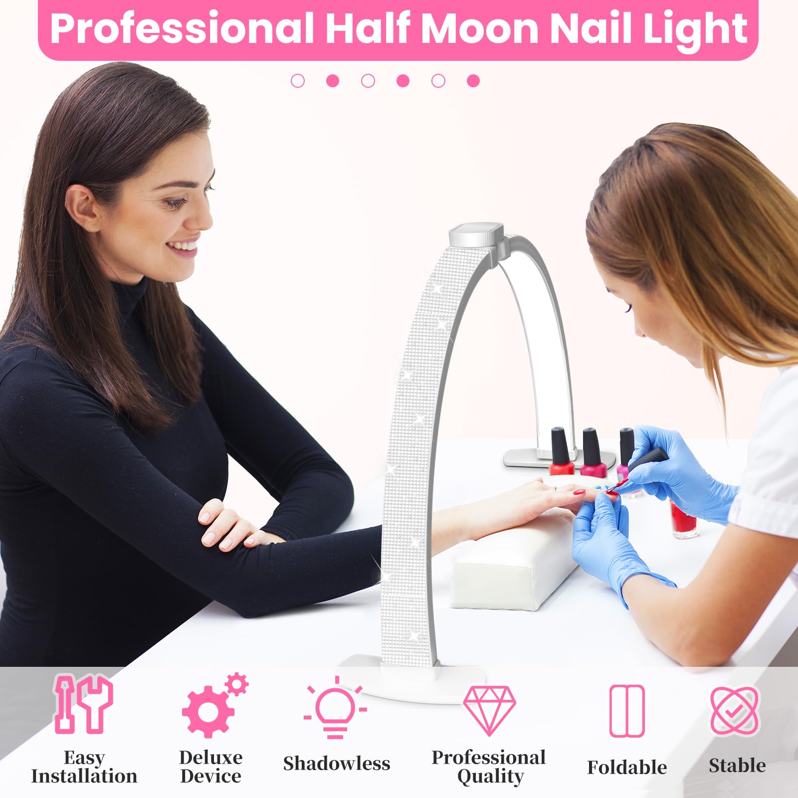 Uiopy Nail Half Moon Light: Arch Rhinestone Led 29In Moonlight With Phone Holder Stand 3 Light Colors /10 Brightness Levels - Pr