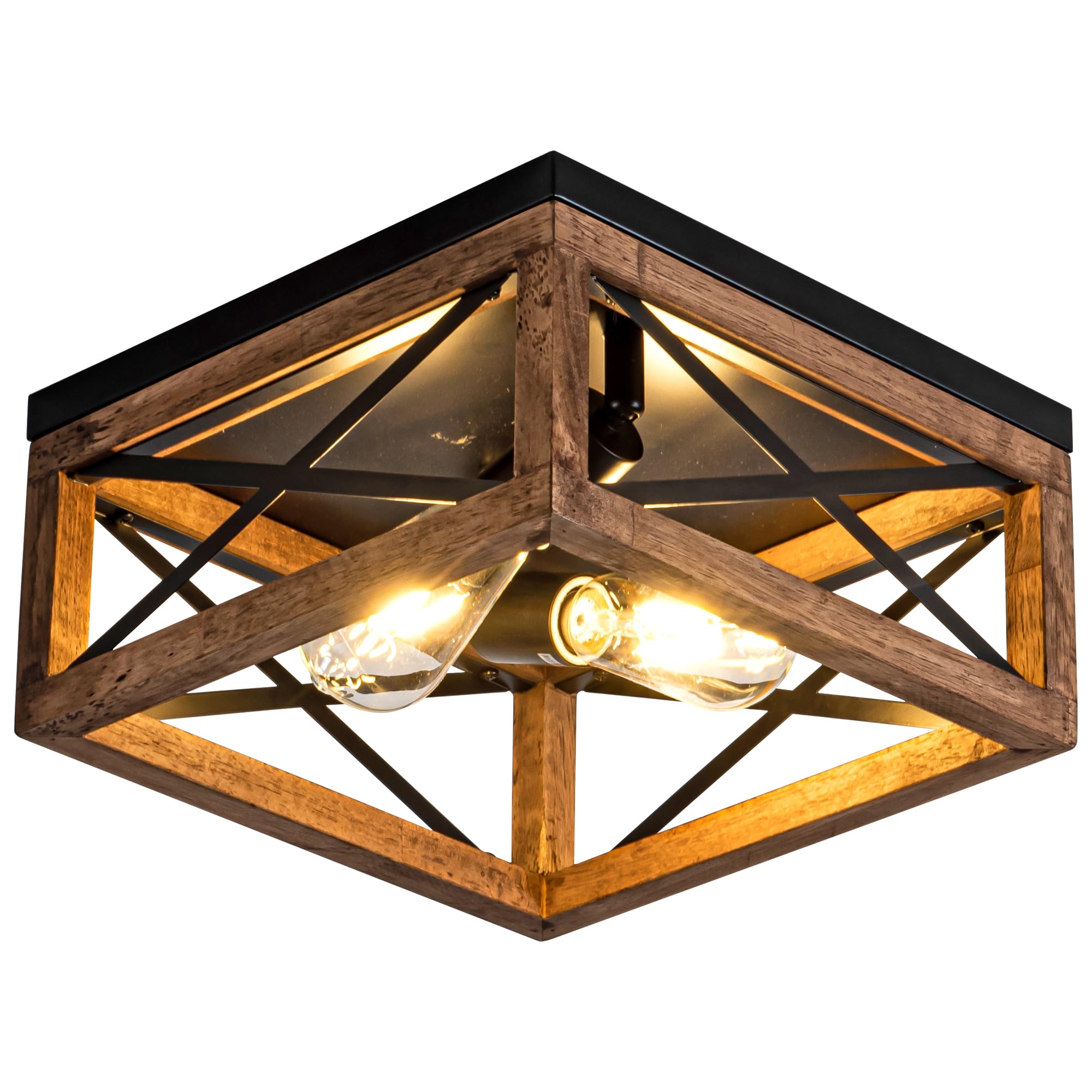 Rpzloila Flush Mount Ceiling Light Fixture For Kitchen Hallway, 2-Light Close To Ceiling Light With Black Metal And Wood Design,