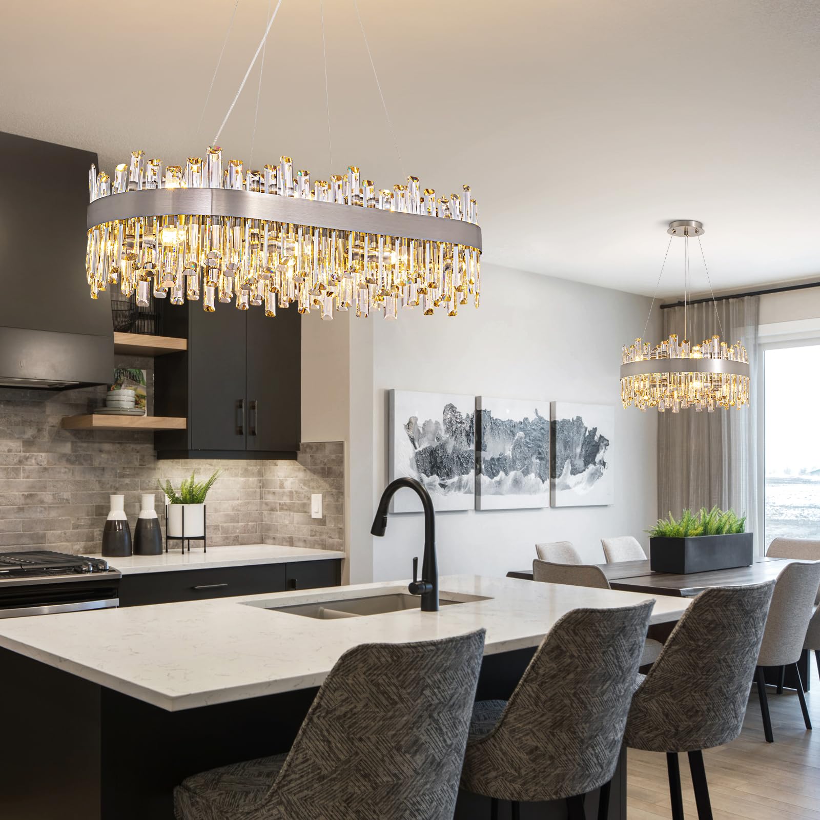 Siljoy Modern Crystal Chandelier, 16 Lights, Rectangular 35.4'', Polished Chrome, K9 Crystal, Luxury Pendant Light for Dining Room