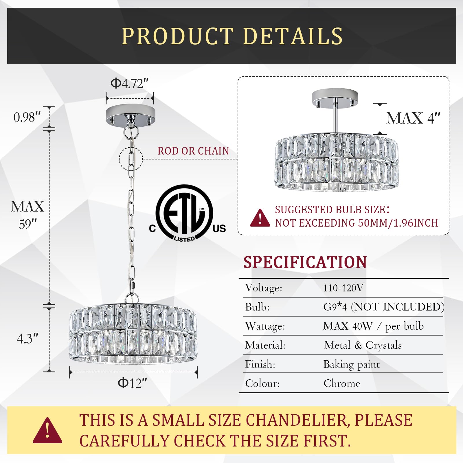 CATINER Chrome Crystal Chandelier, Modern Semi Flush Mount Light Fixture, 12" Round, Metal for Dining Room, Entryway, Kitchen, Hallway