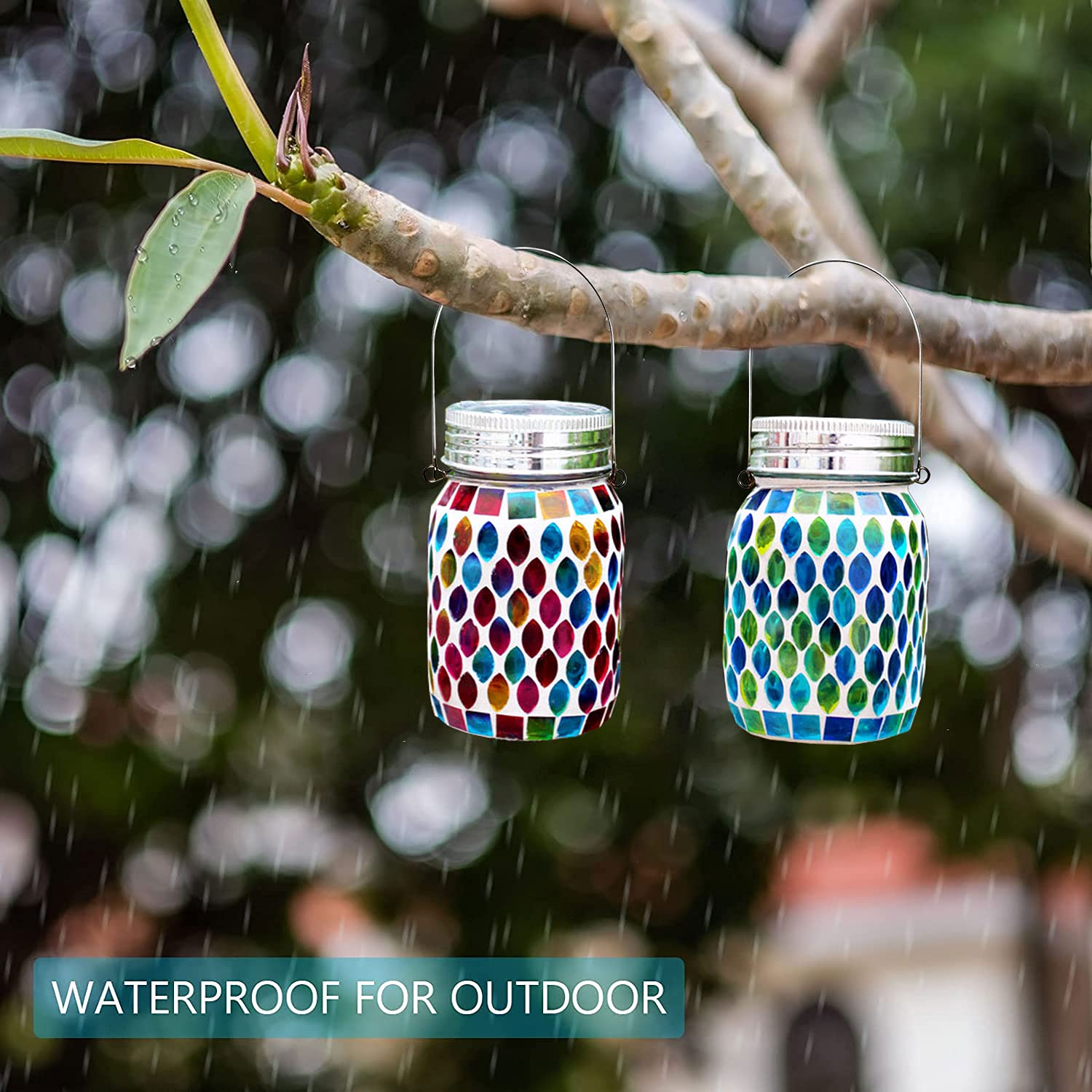 2 Pack Solar Outdoor Mosaic Lantern,Solar Lights Outdoor Hanging Lanterns Rechargeable Waterproof Table Lamp Mosaic Night Light