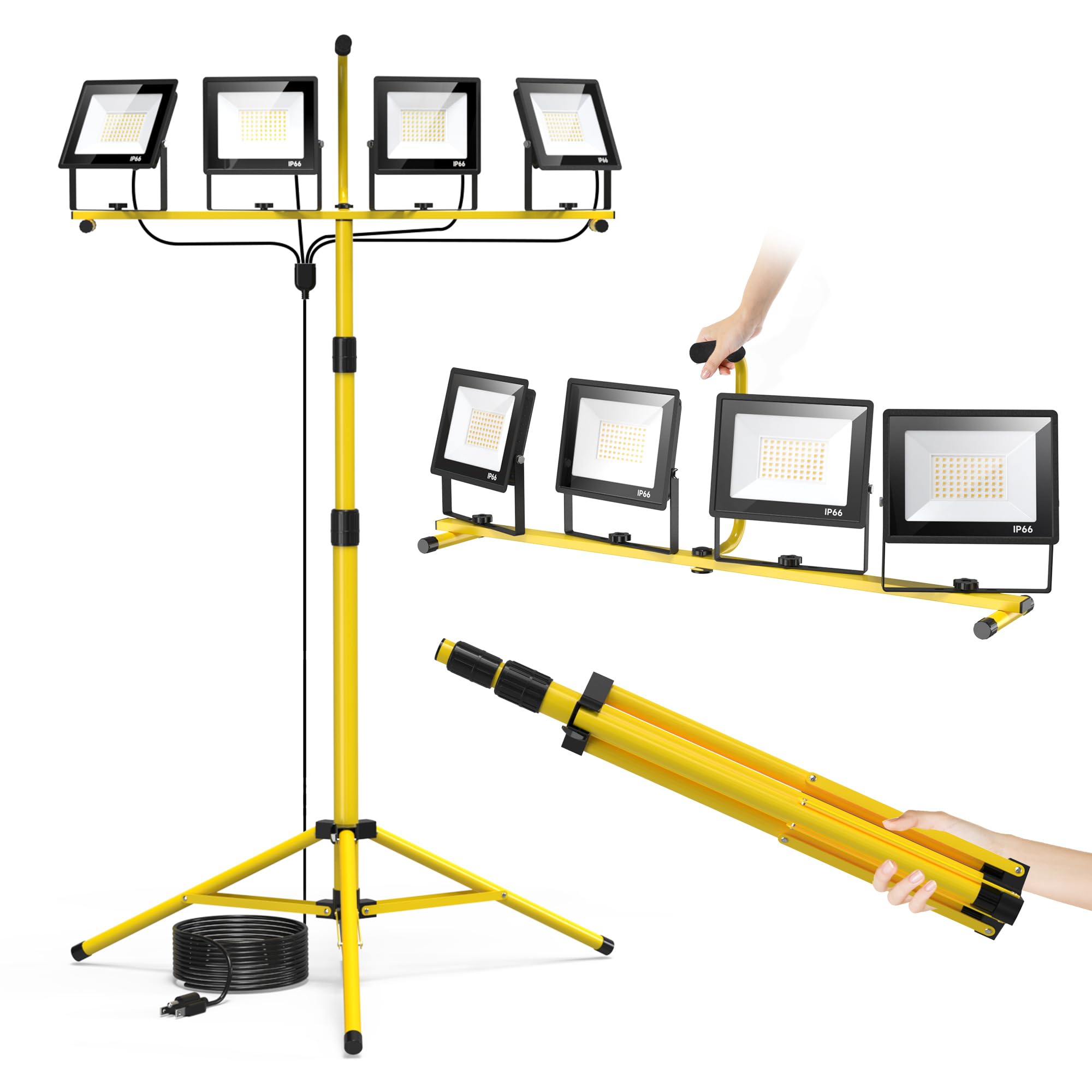 TOPRATED Plug in Led Work Light with Stand,28000 Lumen 110V 4 Adjustable Head Outdoor Flood Lights,Foldable Mechanic Light with 