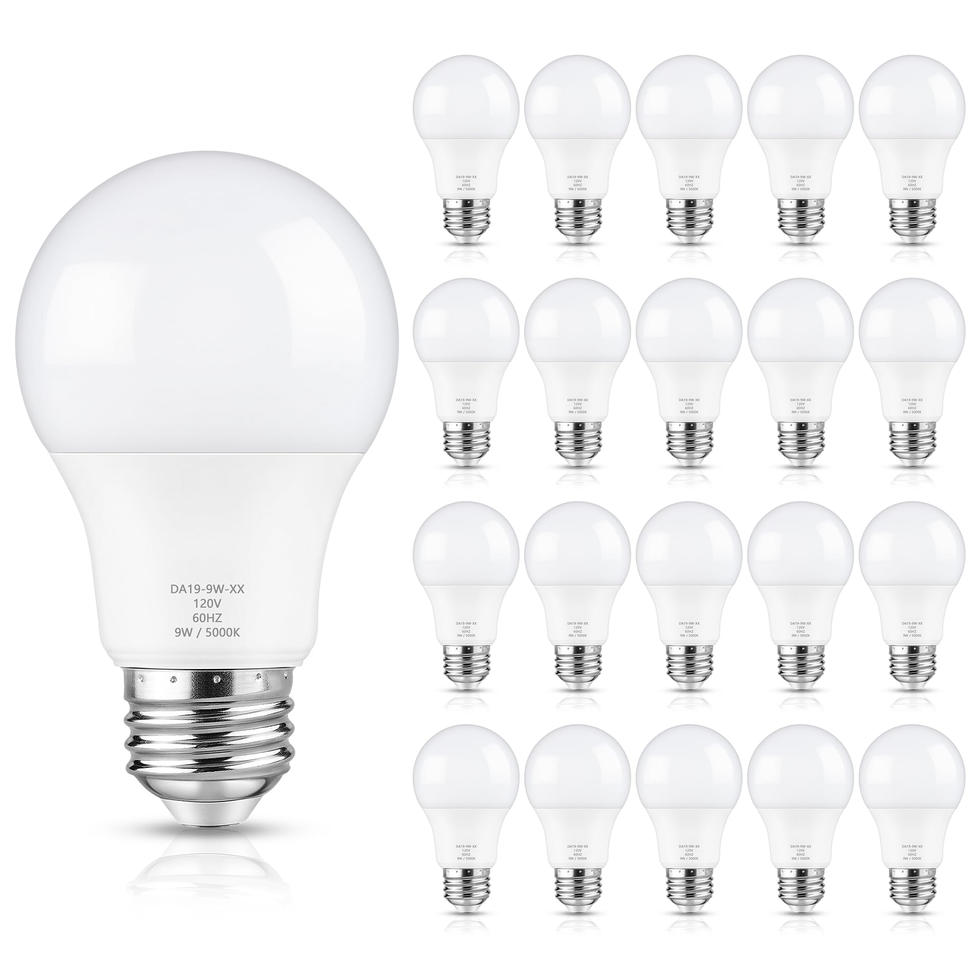 Maylaywood A19 Led Light Bulb Dimmable, 60 Watt Equivalent, Daylight White 5000K, 900Lm, E26 Base, 9W Bright White, 20-Pack