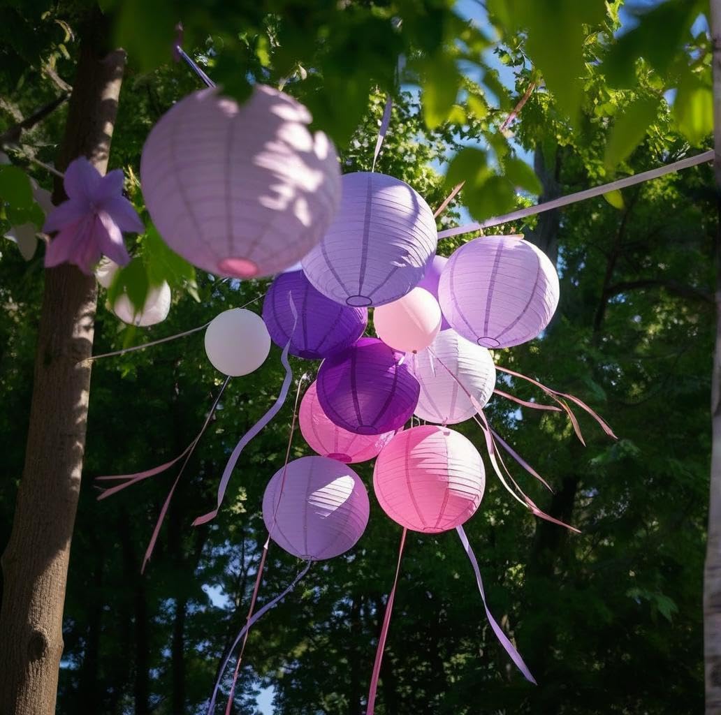 Capesaro Purple Pink Paper Lanterns Decorative 15Pcs Party Hanging Decorations For Bachelorette Wedding Birthday Baby Shower Graduation Anniversary Mermaid Lavender Themed Room Decor