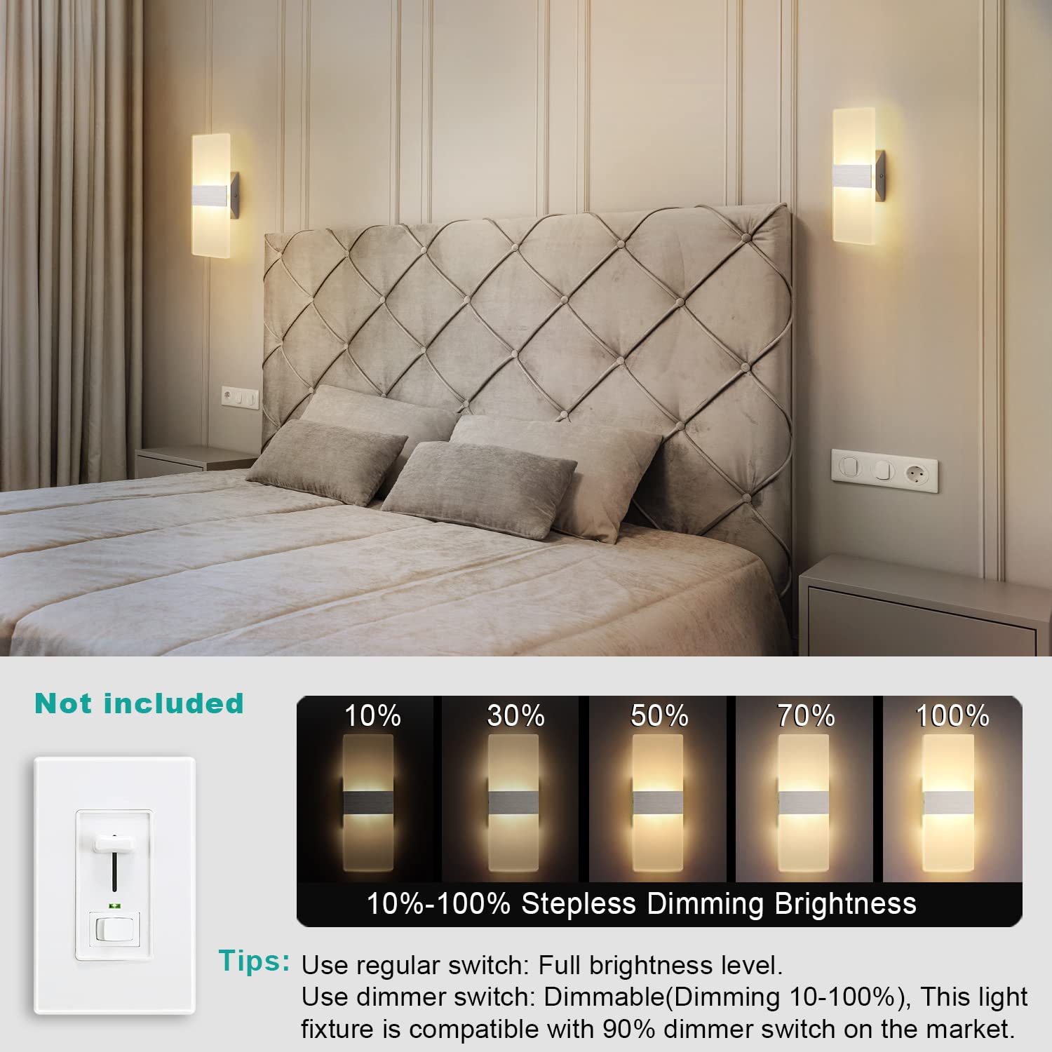 TRLIFE Wall Sconces Set of 2, Dimmable LED 12W 3000K Warm White, Silver Brushed Aluminum, Model YKL-Sconce-3000K