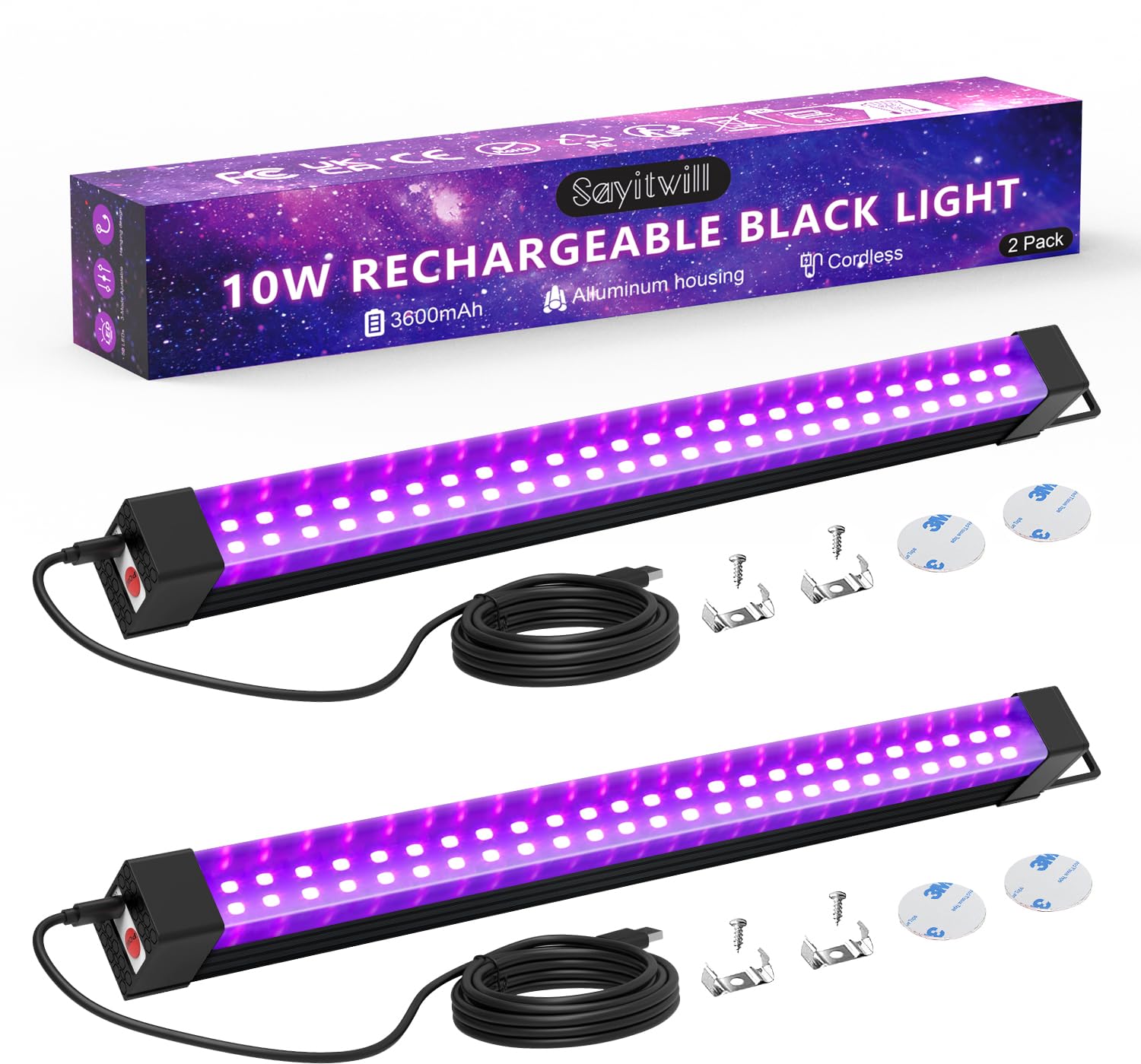 Sayitwill Rechargeable Black Light Bar 2 Pack, Cordless UV Strip Lights, Aluminum, Model CXH-WL-A-10W