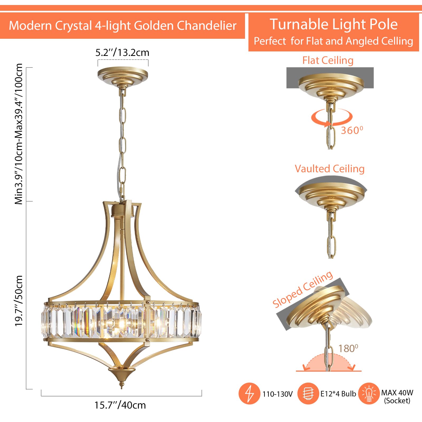 Majhoiw Modern Crystal Chandelier - 4-Light Gold Pendant for Dining Room, Rustic Design, Round Metal Lampshade, 15.7” Size
