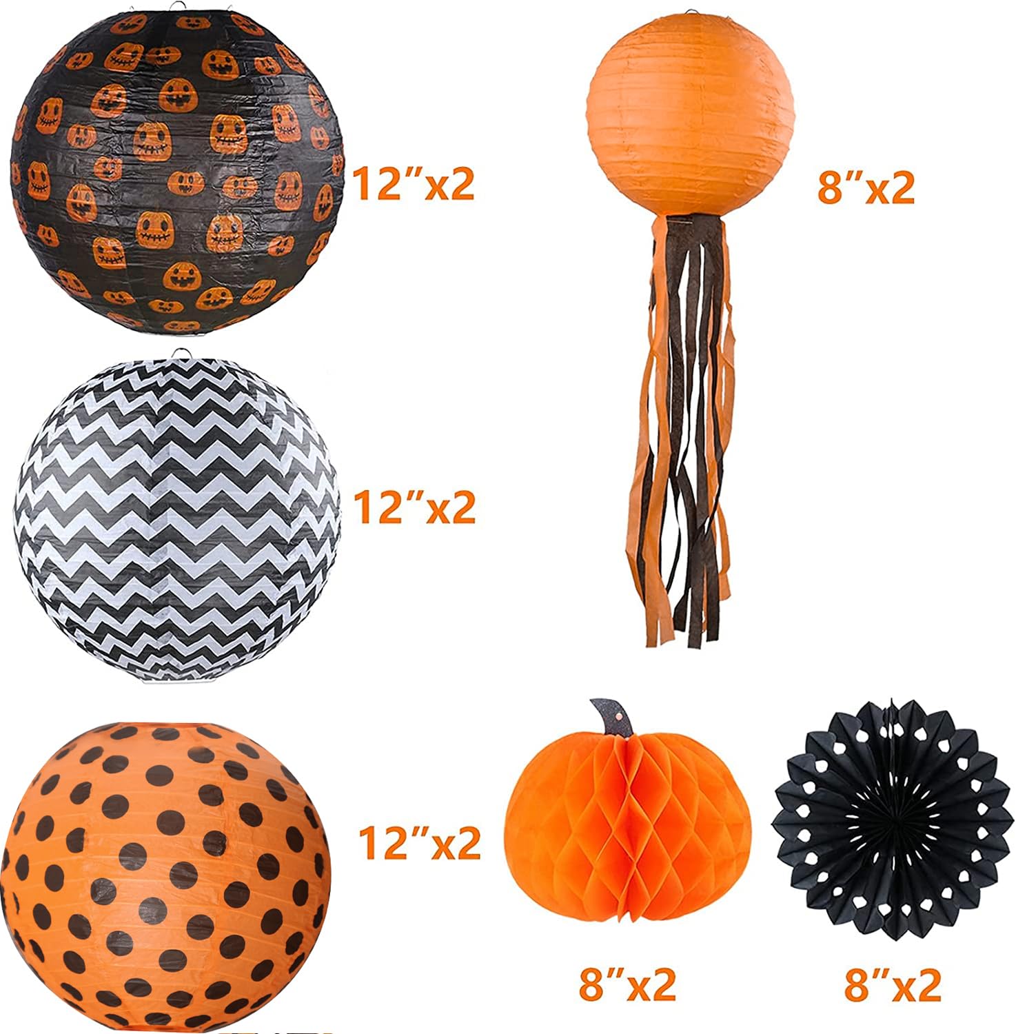 UNIQOOO Halloween Paper Lantern Set, 12 Pack, Black Orange Polka Dots & Wave Prints, Indoor/Outdoor, 12in & 8in