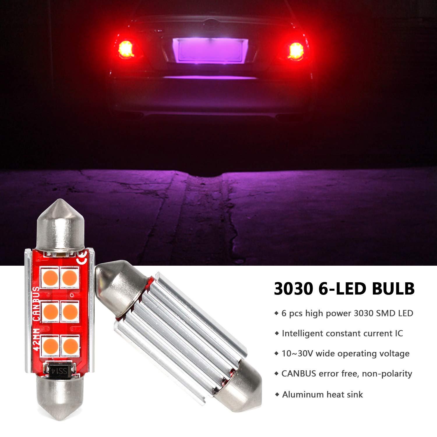 PHINLION 578 LED Bulb 3030 6-SMD Festoon 41mm, Purple, 4 Pack for Car Interior Lighting