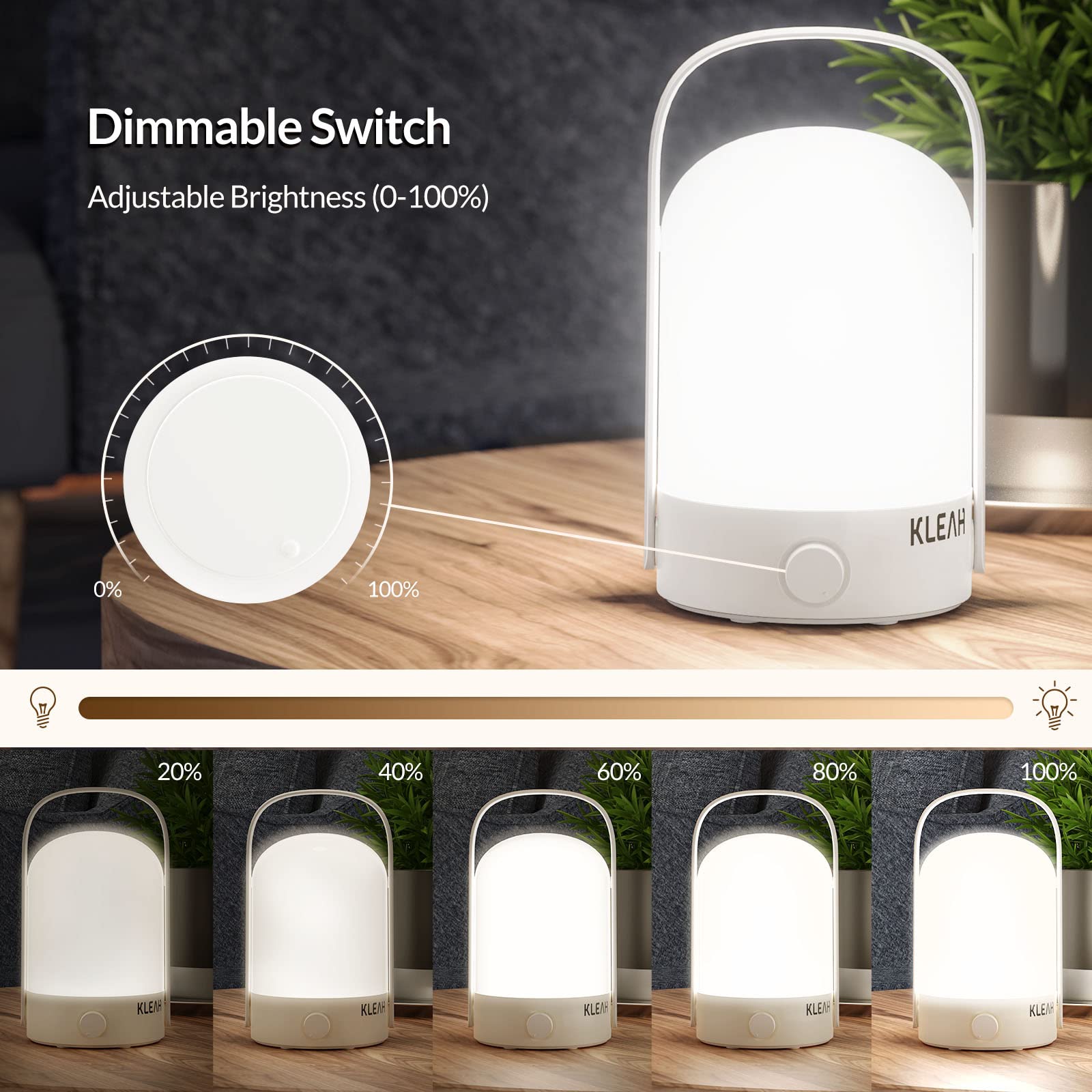 KLEAH Portable Cordless Lantern Table Lamp, 360° Handle, Stepless Dimmer, 50hrs Rechargeable, White, Model KN-L6230LA