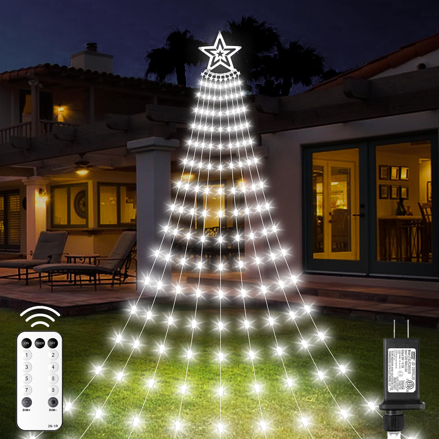 AMIPEPE Christmas Decorations Star Lights Outdoor, 11.48ft 350 LED Waterfall Tree Lights with 8 Modes Timer Remote Plug in Chris