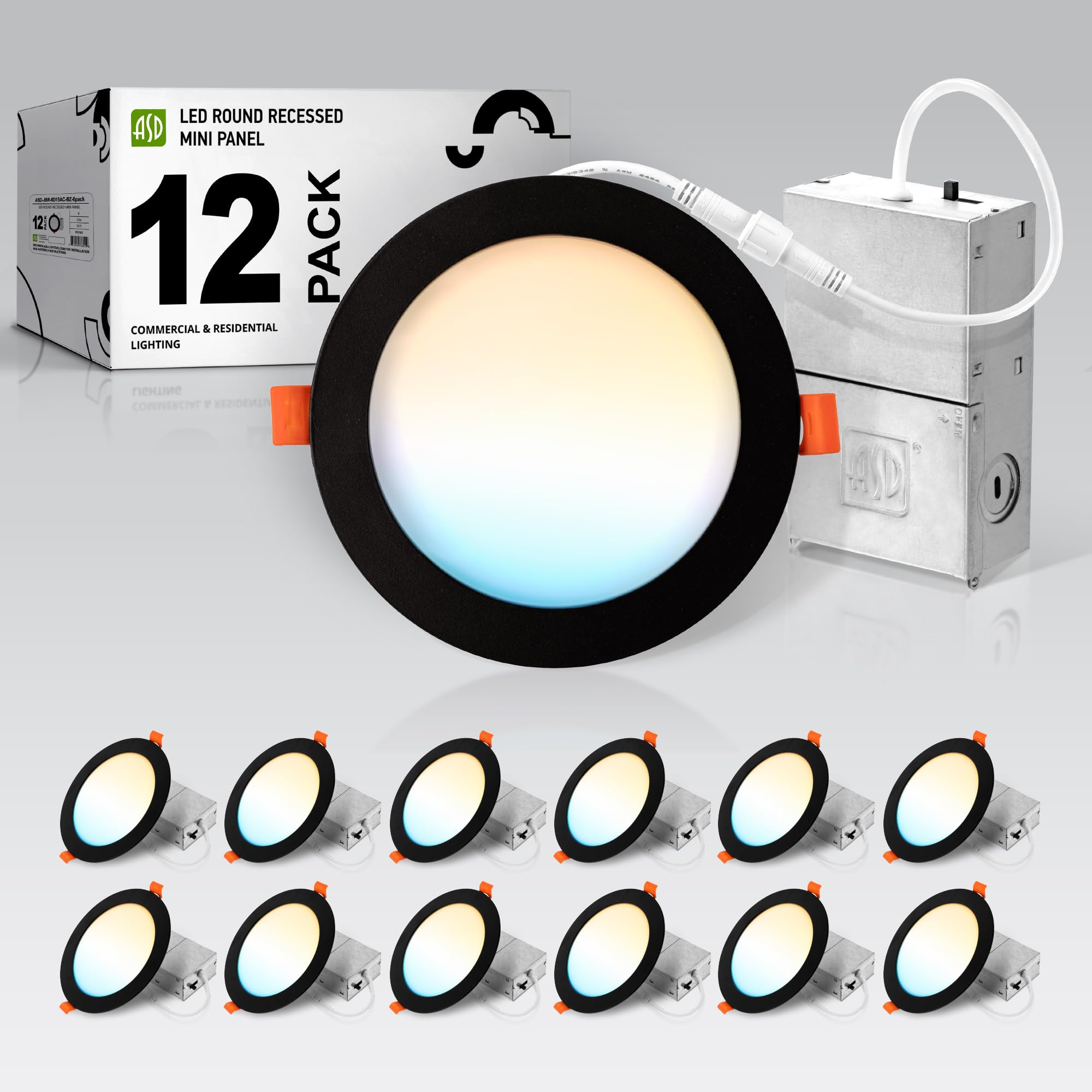 ASD 12 Pack LED Recessed Lighting 6 Inch 15W  5 CCT 2700K-5000K CRI90+  IC Rated Ultra Thin Dimmable Ceiling Lights with J Box  Canless Wafer Downlight  Round Slim Panel Light  UL Energy Star  Black