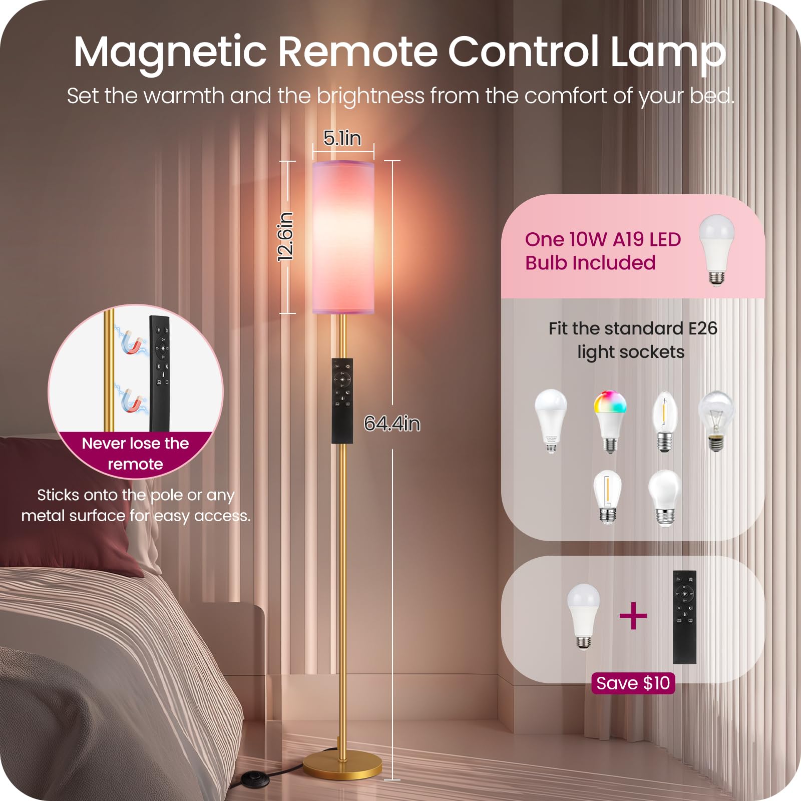 Dimmable Pink Floor Lamp For Living Room With Remote And Foot Switch, Corner Floor Lamp, 66'' Standing Tall Lamp, 10W 900Lm Bulb