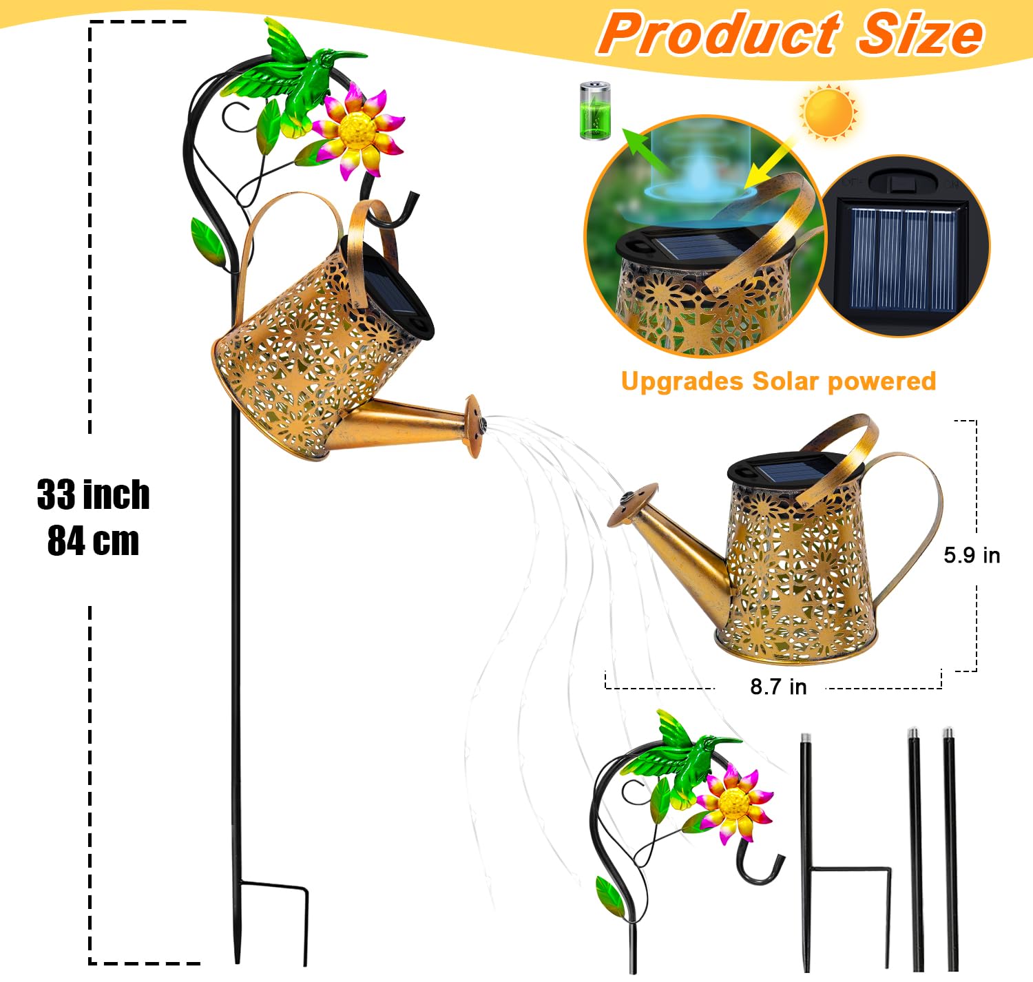 Solar Metal Watering Can With Hummingbrid Shepherd Hook And Cascading Lights - Outdoor Solar Lantern For Garden  Yard  Patio Decor And Gardening Gifts For Women MotherS Day