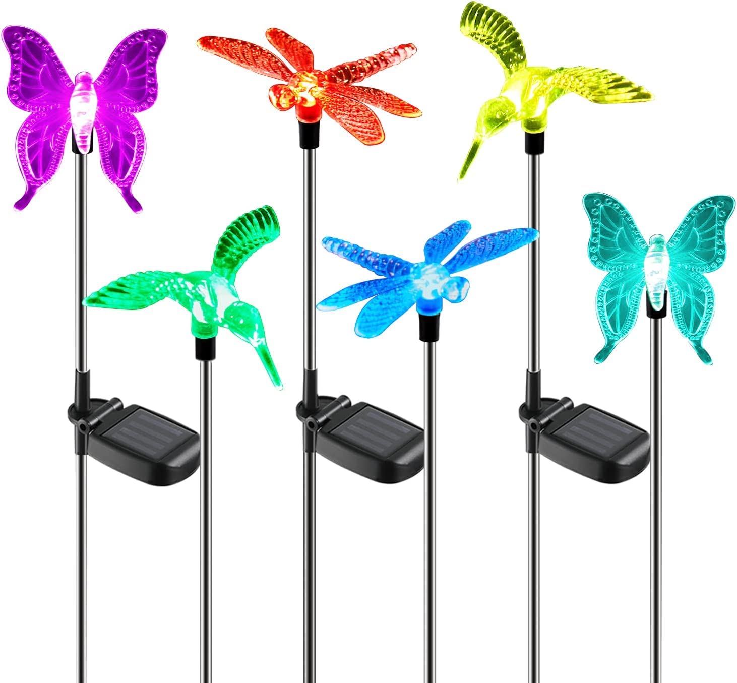 OxyLED Solar Garden Lights, 6 Pack Color Changing LED Hummingbird & Butterfly, Waterproof Plastic, One Size, Multicolor