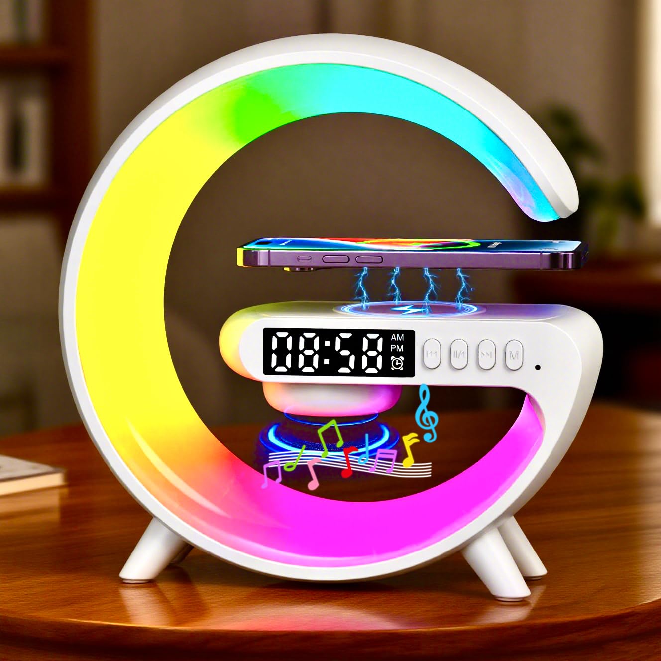 EQF LED Table Lamp with Wireless Charger, G Shaped Night Light Lamp with Bluetooth Speaker, Sunrise Alarm Clock, Smart Mini Atmo