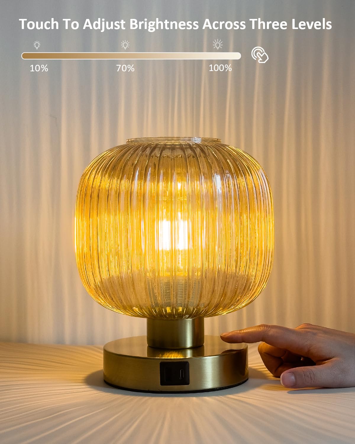 Elenhome Big Touch Table Lamp,Elegant Gold Glass Bedside Lamp 3 Way Dimmable With Usb C+A Charging Ports - Bedroom Nightstand & Living Room Essential, 4W Bulb Included (Gold)
