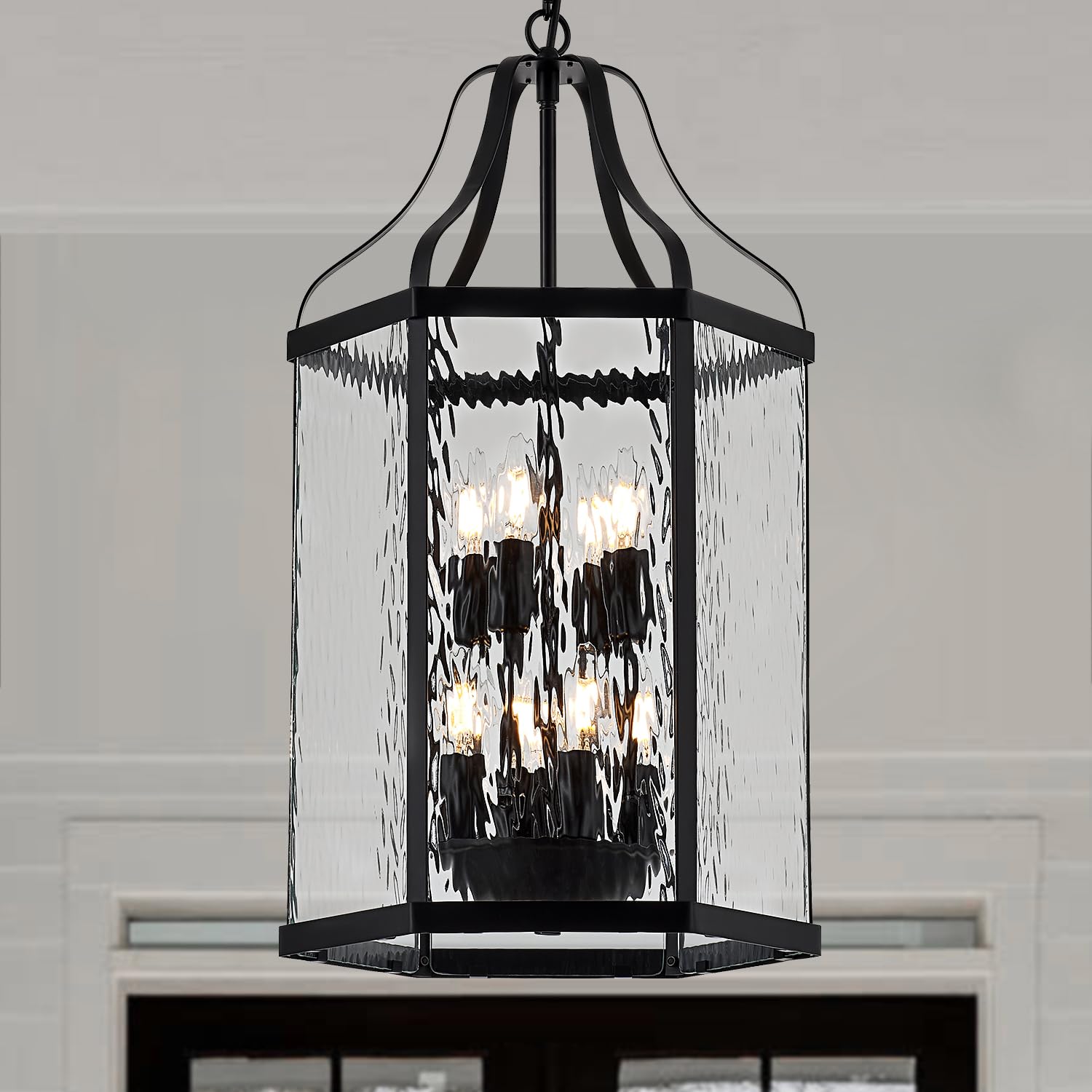 lighceac 14'' Modern 8-Light Exterior Black Lantern Pendant Light Fixture with Clear Rippled Glass Mini Industrial Hanging Cage 