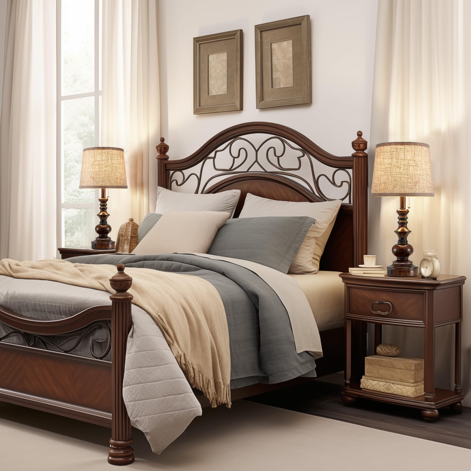 Drawealth 22'' Farmhouse Table Lamps Set of 2 with USB Ports - Brown & Oatmeal, Model T0066F, Perfect for Bedroom & Living Room Nightstands