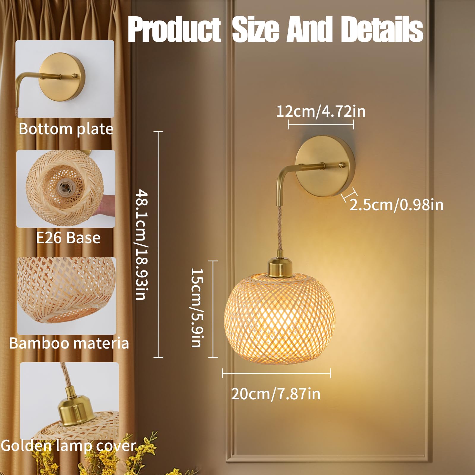 Vitnucrol Gold Wall Sconces Set of 2, Rechargeable Rattan Lamps with Remote, 15 Colors Dimmable, Wireless Boho Lighting, Model WS0008BM2