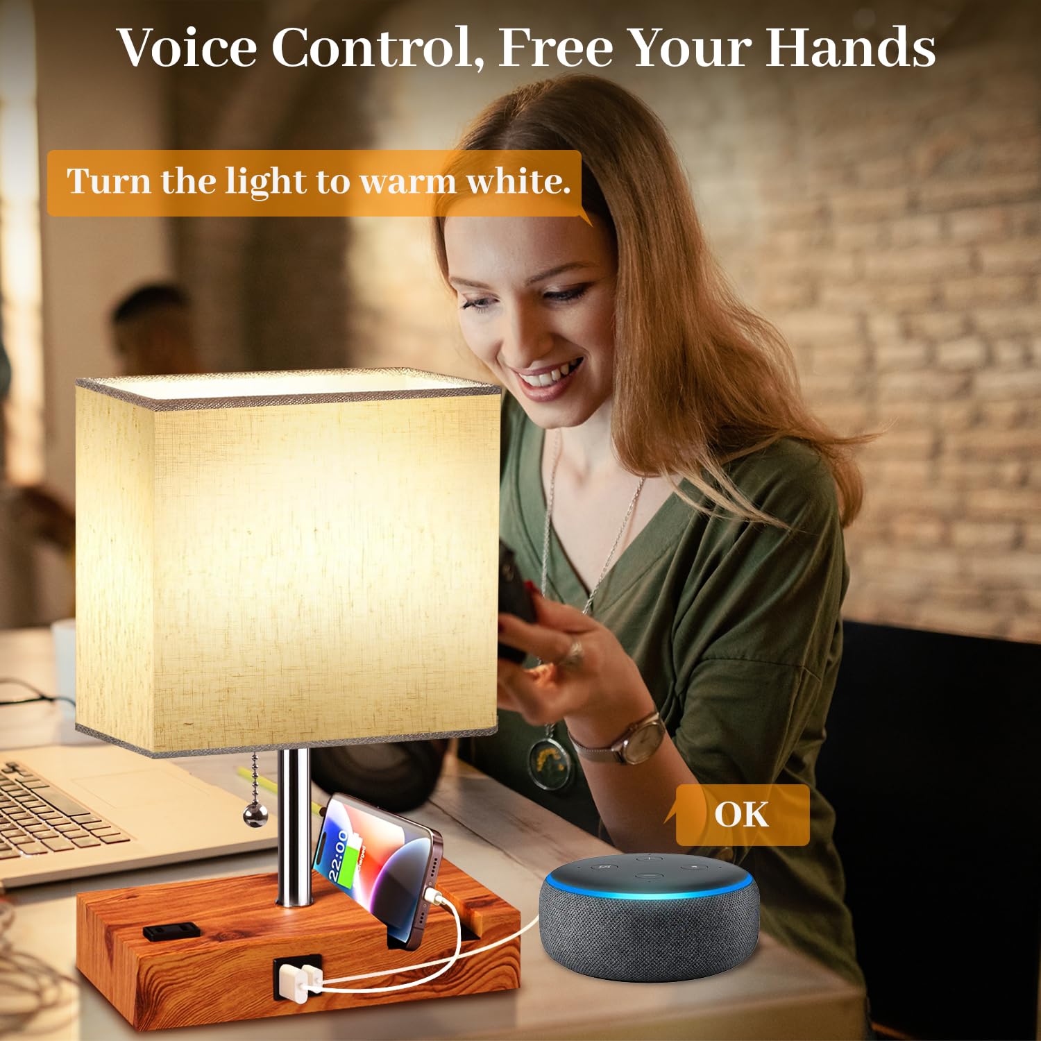 Smart Rgb Dimmable Table Lamp Work With Alexa&App&Remote Control, Bedside Desk Lamp With Charging Ports&Outlet&Phone Stand, Musi