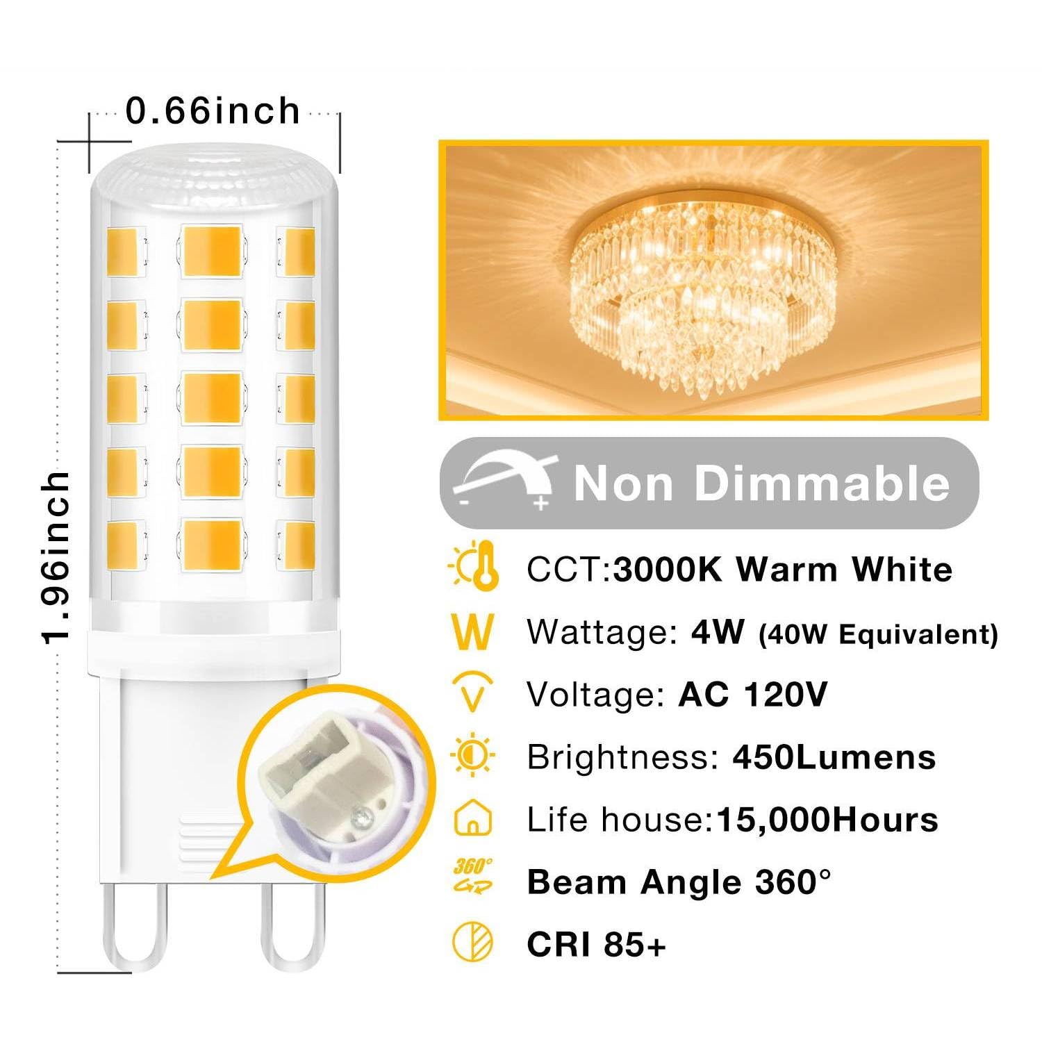 Daybeeter 12 Pack G9 Led Bulb 4W (40 Watt Equivalent), 3000K Soft Warm White, T4 Halogen Bulb G 9 Bi-Pin Base Bulbs For Chandeli