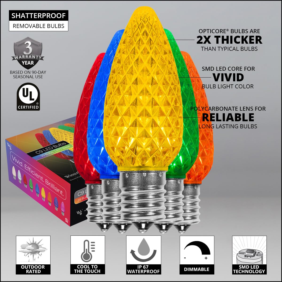 Wintergreen Lighting 25 Pack Opticore Multicolor C9 Led Christmas Light Bulbs - Replacement Christmas Light Bulbs  Heavy Duty Polycarbonate  E17 Base (Faceted)