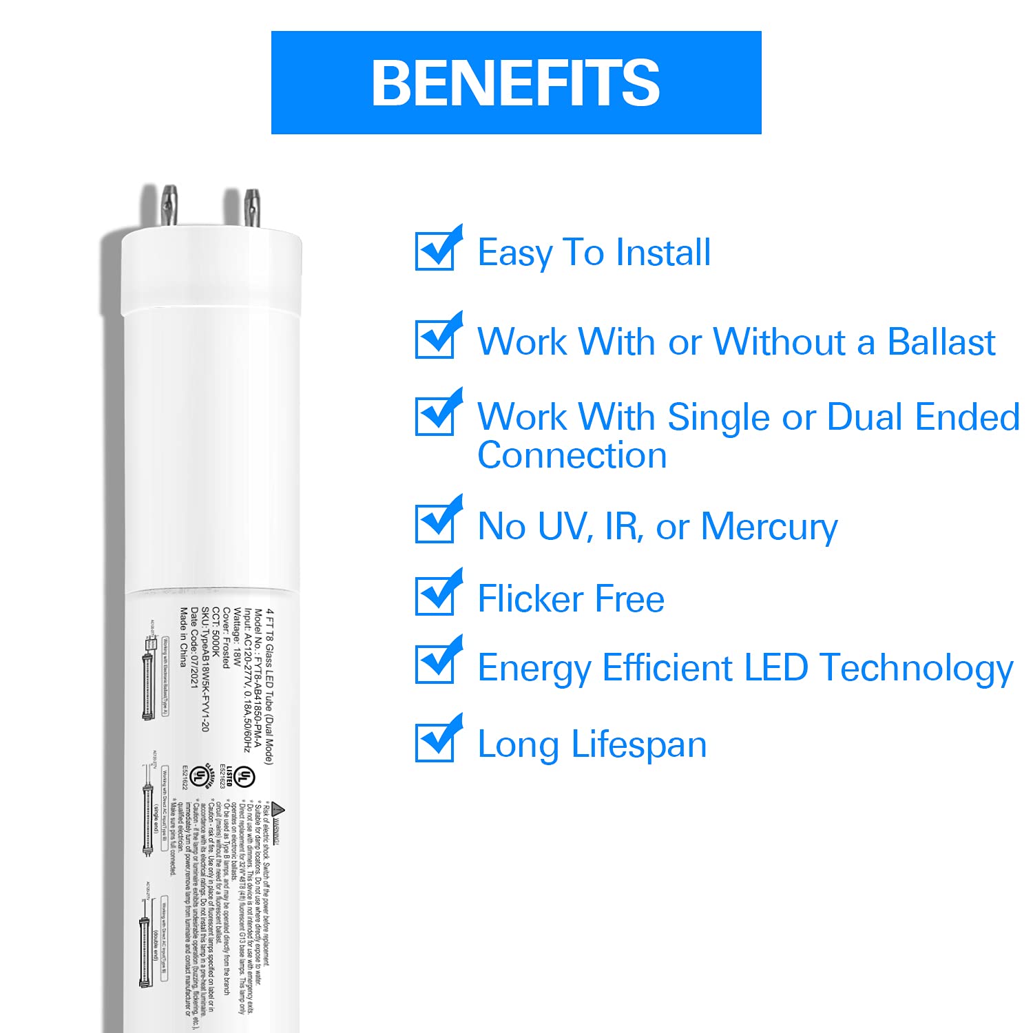 hykolity 20 Pack LED T8 Hybrid Light Tube, 4FT, 18W, 5000K, Frosted Cover, Plug & Play/Ballast Bypass, UL