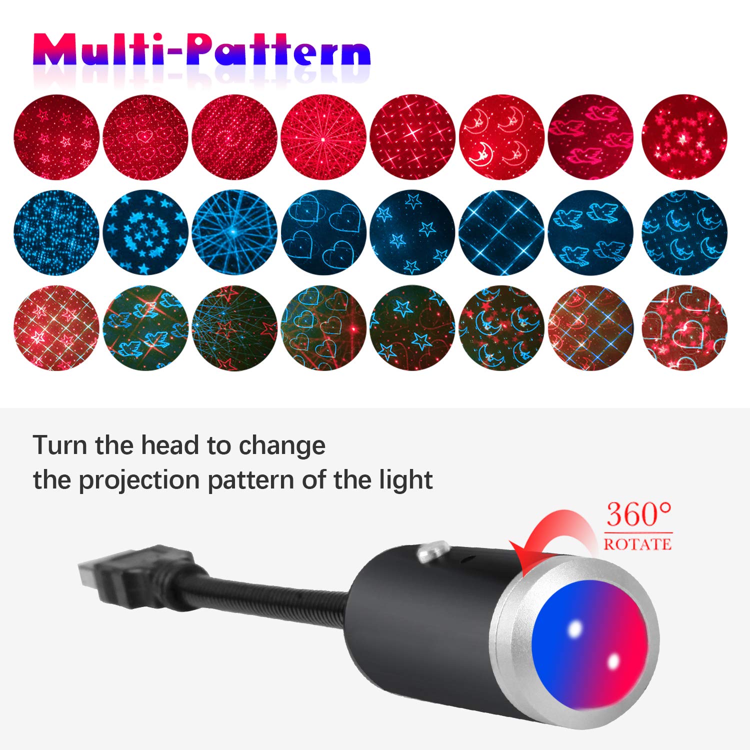 Crefotu Usb Star Night Light, 9 Modes & 24 Effects, Sound Activated, Blue&Red For Car & Home