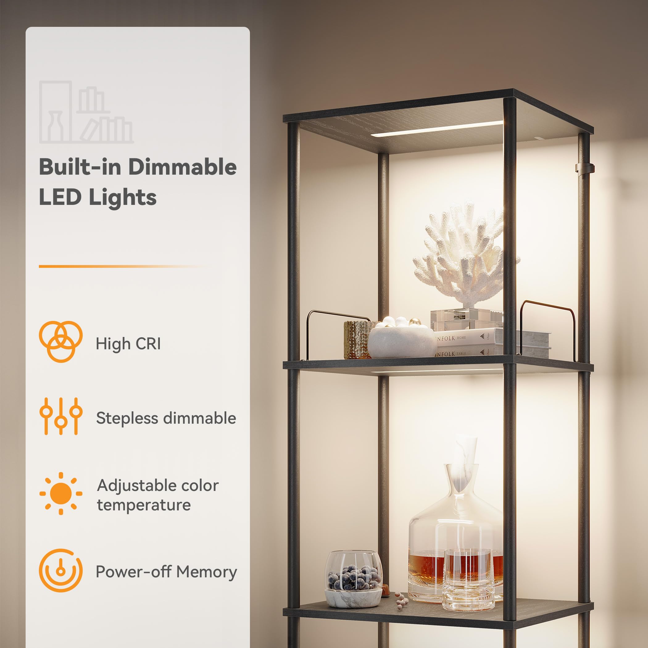 Sunmory Display Shelf With Dimmable Lights, Lighted Display Cases For Collectibles, Adjustable Color Temperature And Brightness,