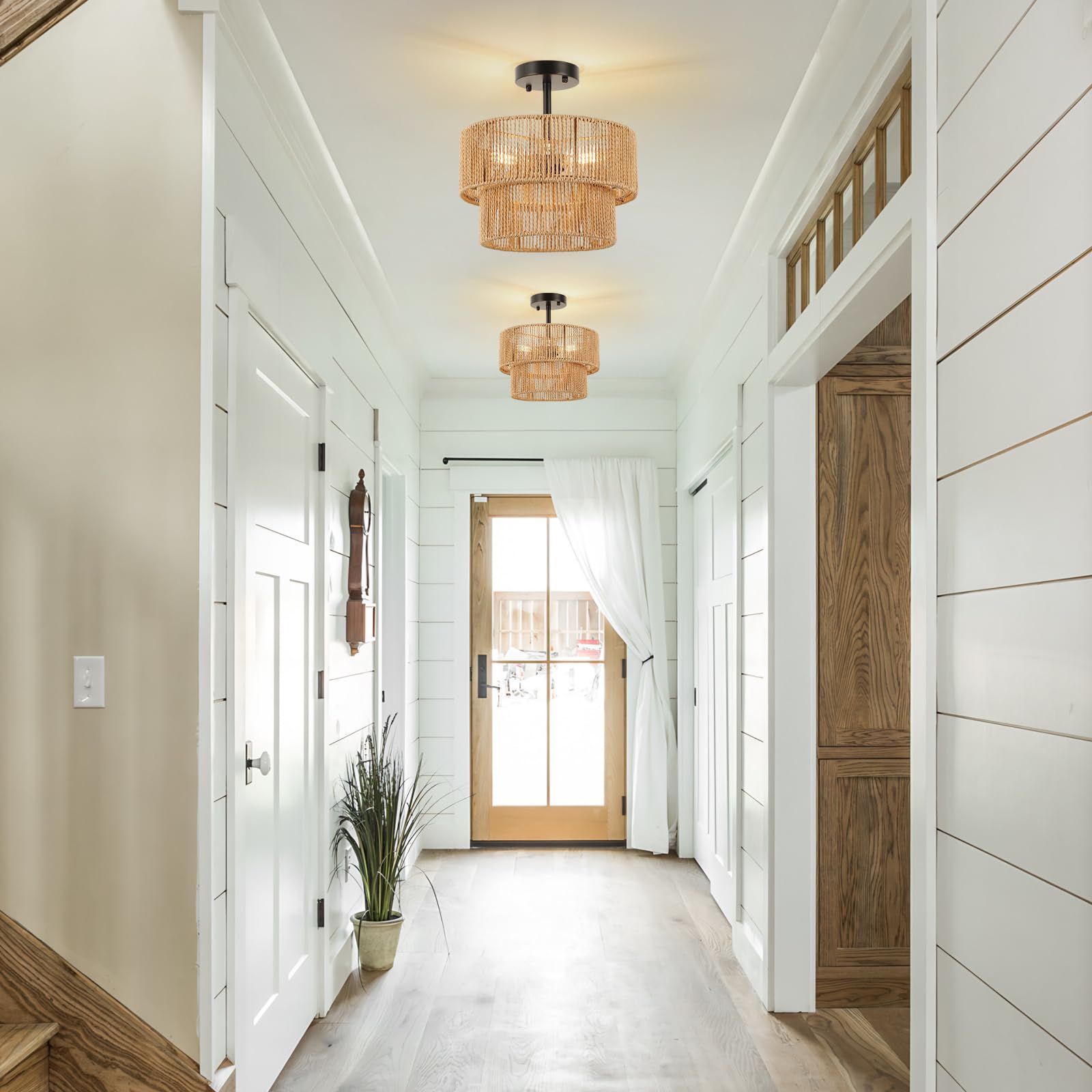 Foucasal Boho Light Fixtures Ceiling Mount, 3-Light Rattan Chandelier Woven Double-Layer Semi Flush Mount Ceiling Light For Hall