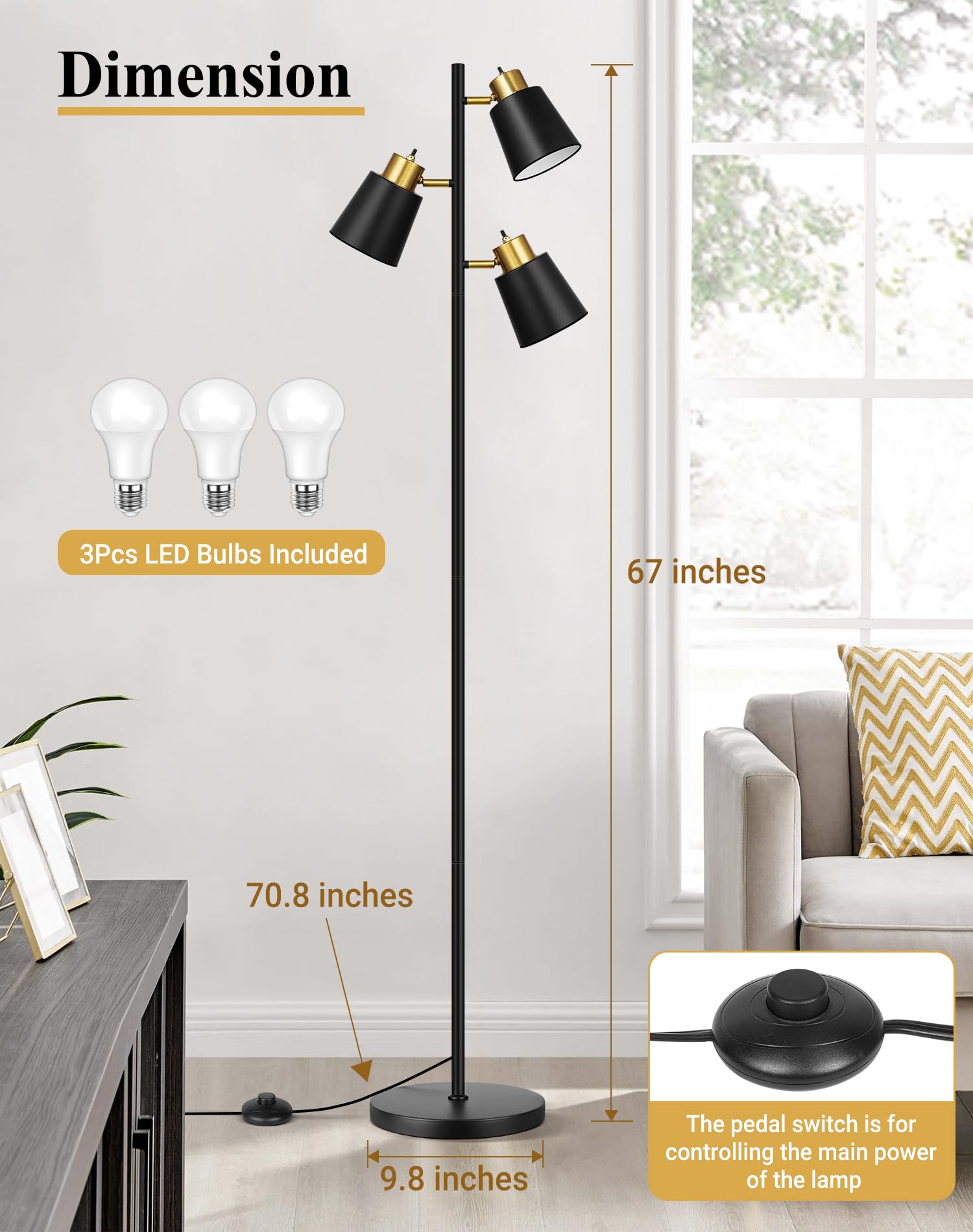 Qimh Tree Floor Lamps For Living Room, 67'' Modern Standing Floor Lamp With 3 Led Bulb, Industrial Tall Lamp Reading Lighting Fo