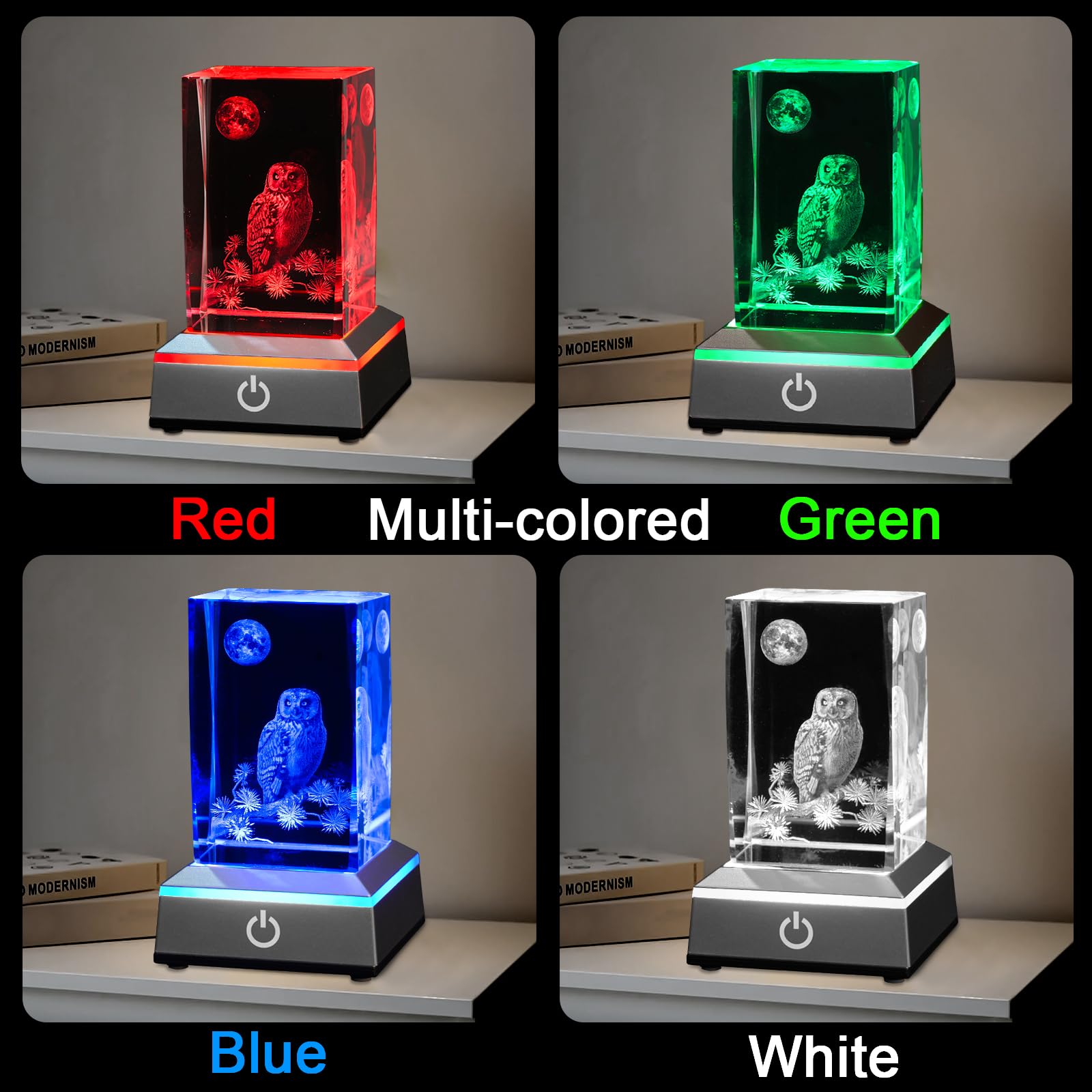 Eicxjui 3D Owl Crystal Night Light With Multicolor Led Base Glass Laser Engraved Owl Figurines Lamp Gifts For Boys Girls Lovers