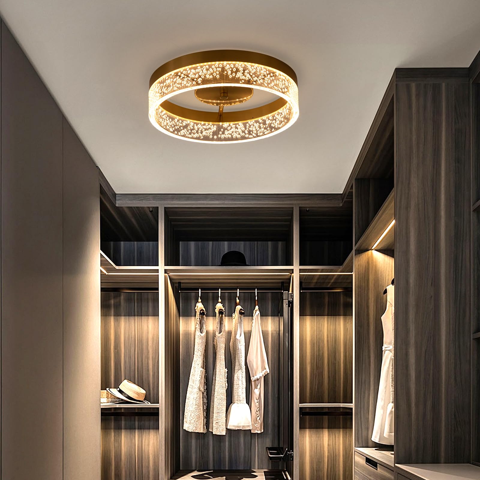 Jaycomey Modern Led Ceiling Light Fixture, 11.65'' Flush Mount Kitchen Lighting Gold With Clear Seeded Acrylic Lampshade,Round C