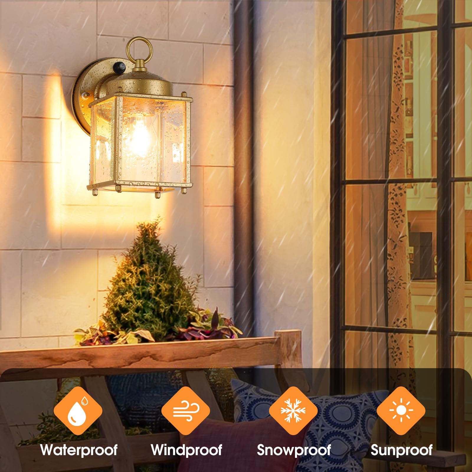 MATAMEYE Outdoor Wall Sconce - Dusk to Dawn Sensor, Waterproof Gold Lanterns, Beveled Glass, 2 Pack, Model GS8648-BK-FS