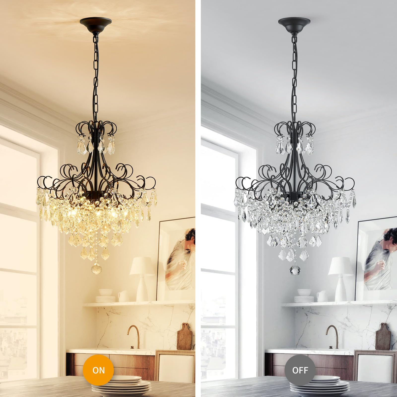 WUZUPS 5-Light Crystal Chandelier Pendant Light, Black Metal, 22.4" H x 18.3" W, Modern Fixture for Dining Room, Hallway, Kitchen, Bathroom