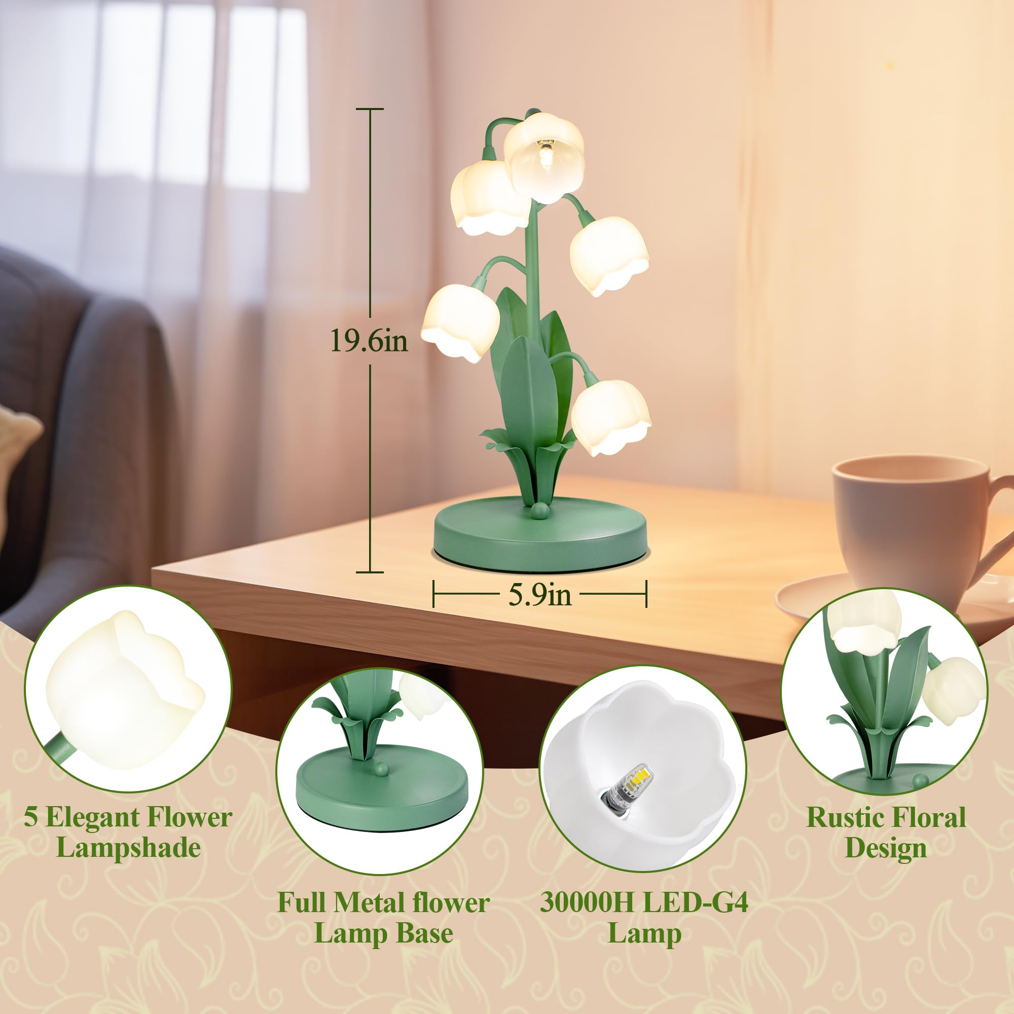 WERFOP Vintage Flower Table Lamp, Medium Green Metal, 5 Lily of The Valley, G4 LED Bulbs, 3 Color Modes for Bedroom, Living Room, Office