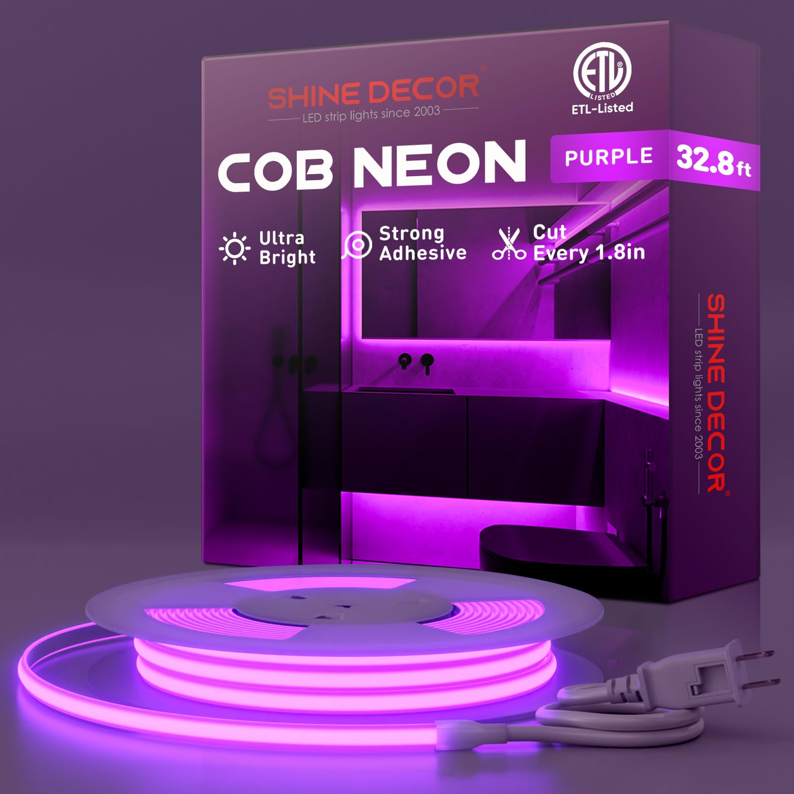 Shine Decor Cob Led Rope Light Ac 120V  800Lm Ultra Bright  Ip65 Waterproof Cold-Resistant Etl Neon Strip  No Driver Tape Lighting For Home Commercial 10X4.5Mm  Purple  32.8Ft