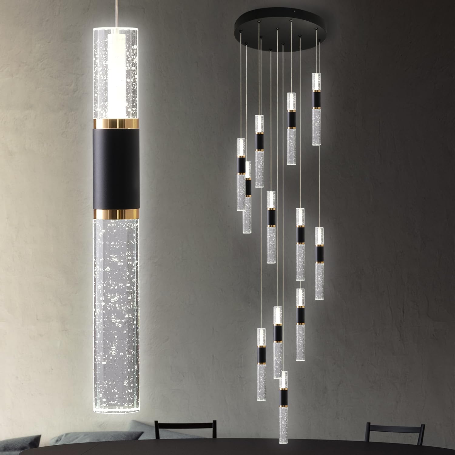 High Ceiling Chandelier,Led Chandelier,Modern Chandelier 12-Light Dimmmable Staircase Chandelier For High Ceilings,Modern Black And Gold Chandelier Light Fixutres With Remote For Foyer Enterway