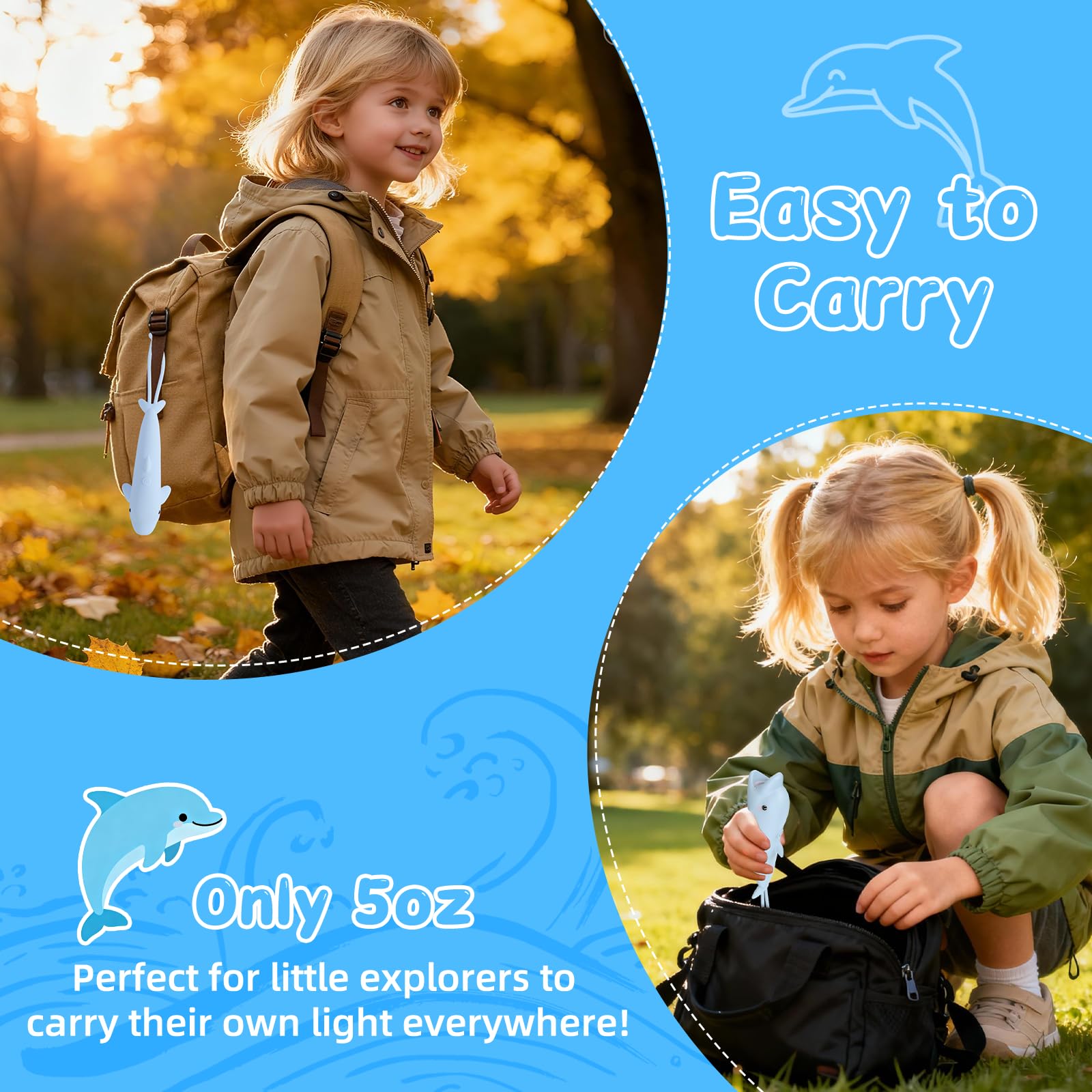 Tremdwoto Rechargeable Kids Flashlight - Cute Dolphin Model, Blue Silicone, Perfect for Camping, Outdoor Adventures, and Night Walks