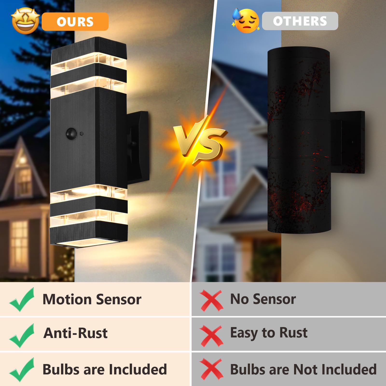 DASTOR Motion Sensor Outdoor Wall Lights - 2-Layer Black Aluminum Fixtures, Dusk to Dawn, Model DST-250201, 2 Pack for Garage & Porch