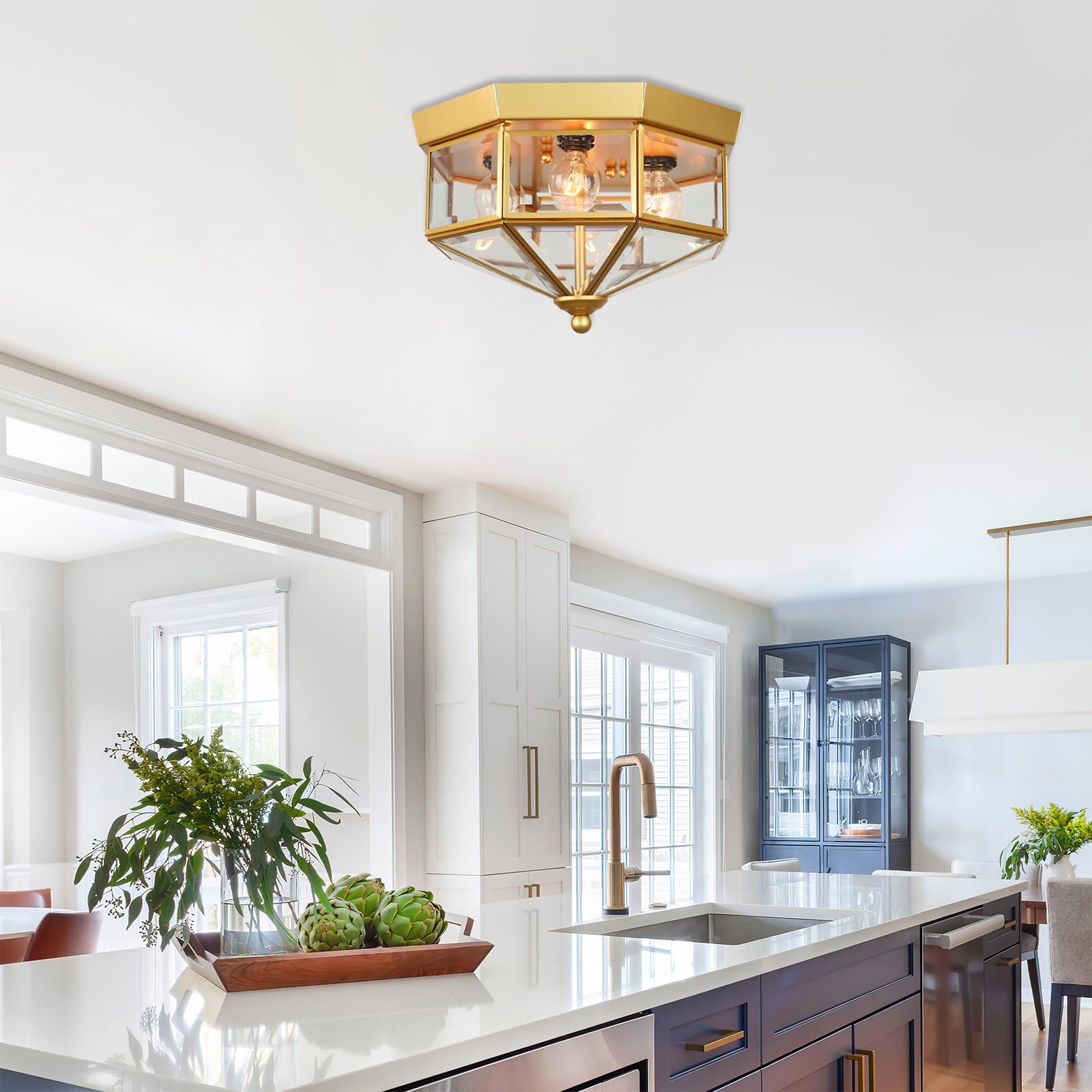 Flush Mount Outdoor Ceiling Light Fixture, 4 Light Exterior Porch Ceiling Lights With Clear Glass, Gold Farmhouse Lighting For I