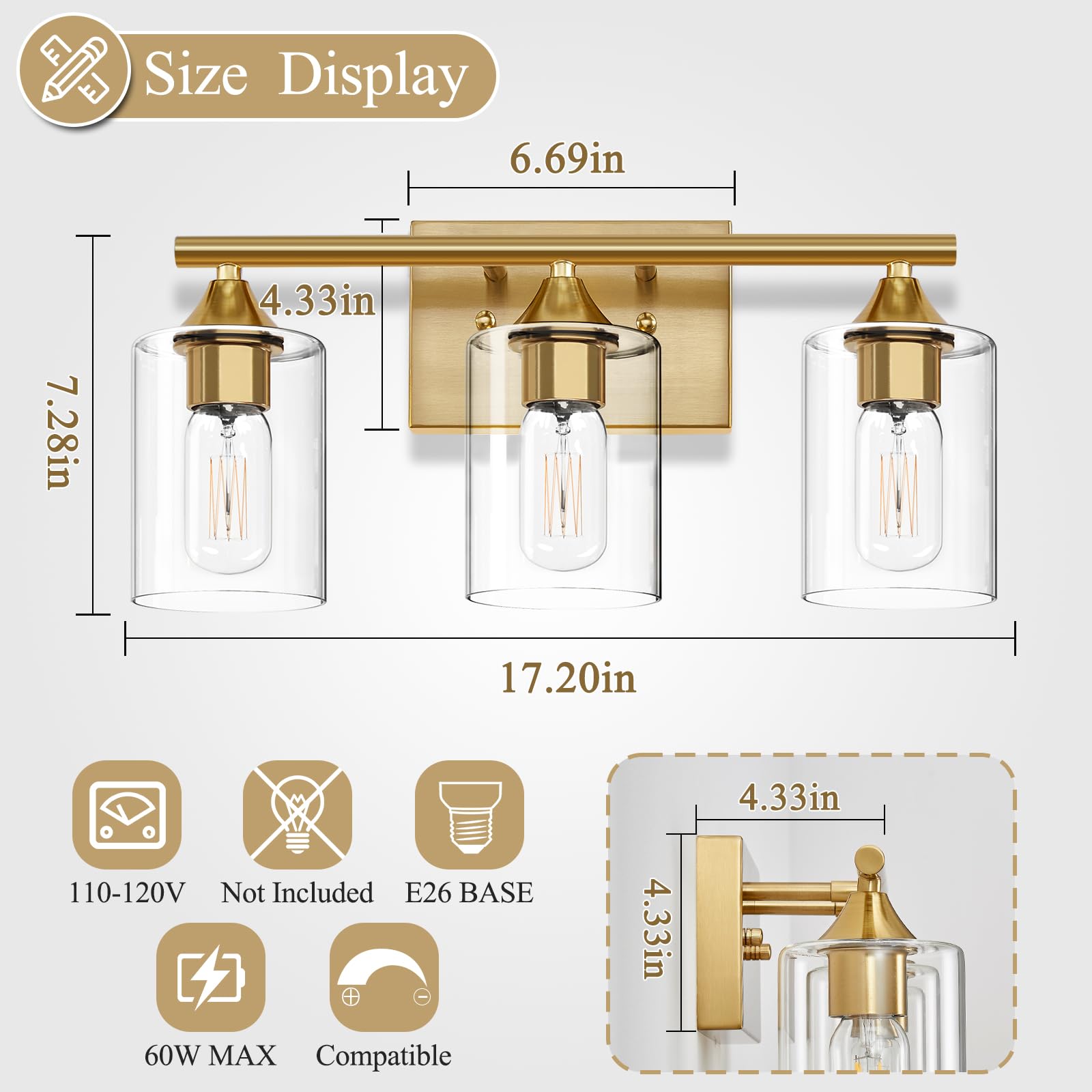 XPEHK 3-Light Vanity Light Fixtures,Bathroom Lighting Fixture Farmhouse Vanity Bar Lighting Matte Black Finish with Clear Glass