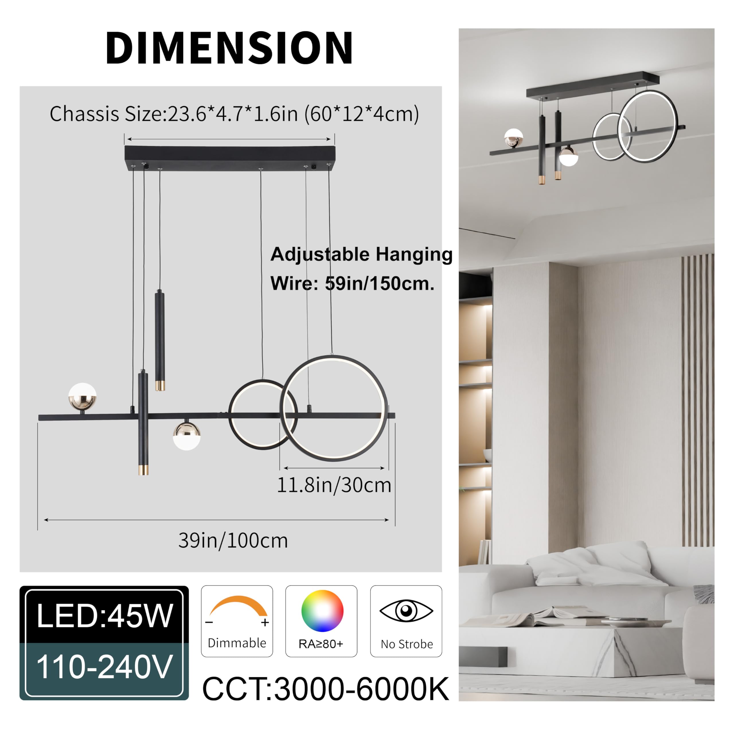 ORANOOR LED Modern Chandelier, 39" Dimmable Black Gold Pendant Light, Wrought Iron, Ideal for Dining Room & Kitchen, Model 88056