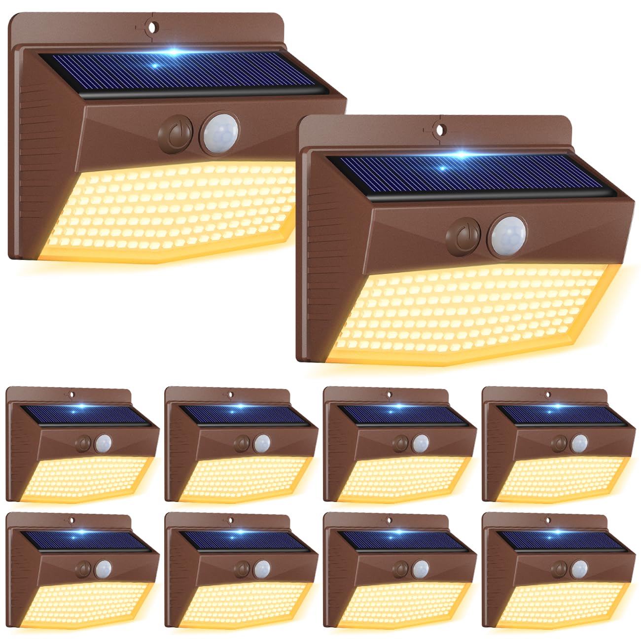 Peasur Solar Lights Outdoor Motion Sensor [10 Packs] Security Light with 3 Lighting Modes Wall Lights Waterproof Solar Powered Lights for Garden Fence Yard  Brown White
