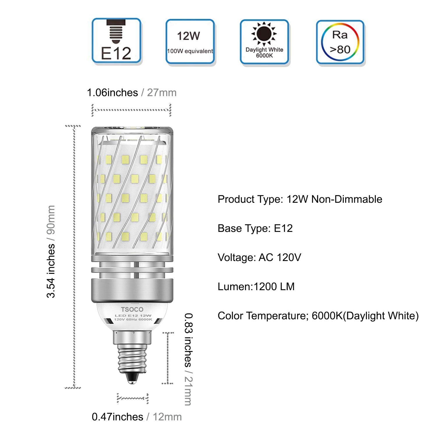 TSOCO E12 LED Bulbs, 12W Non-Dimmable Chandelier Light, 100W Equivalent, 1200LM, Pack of 3, Daylight White
