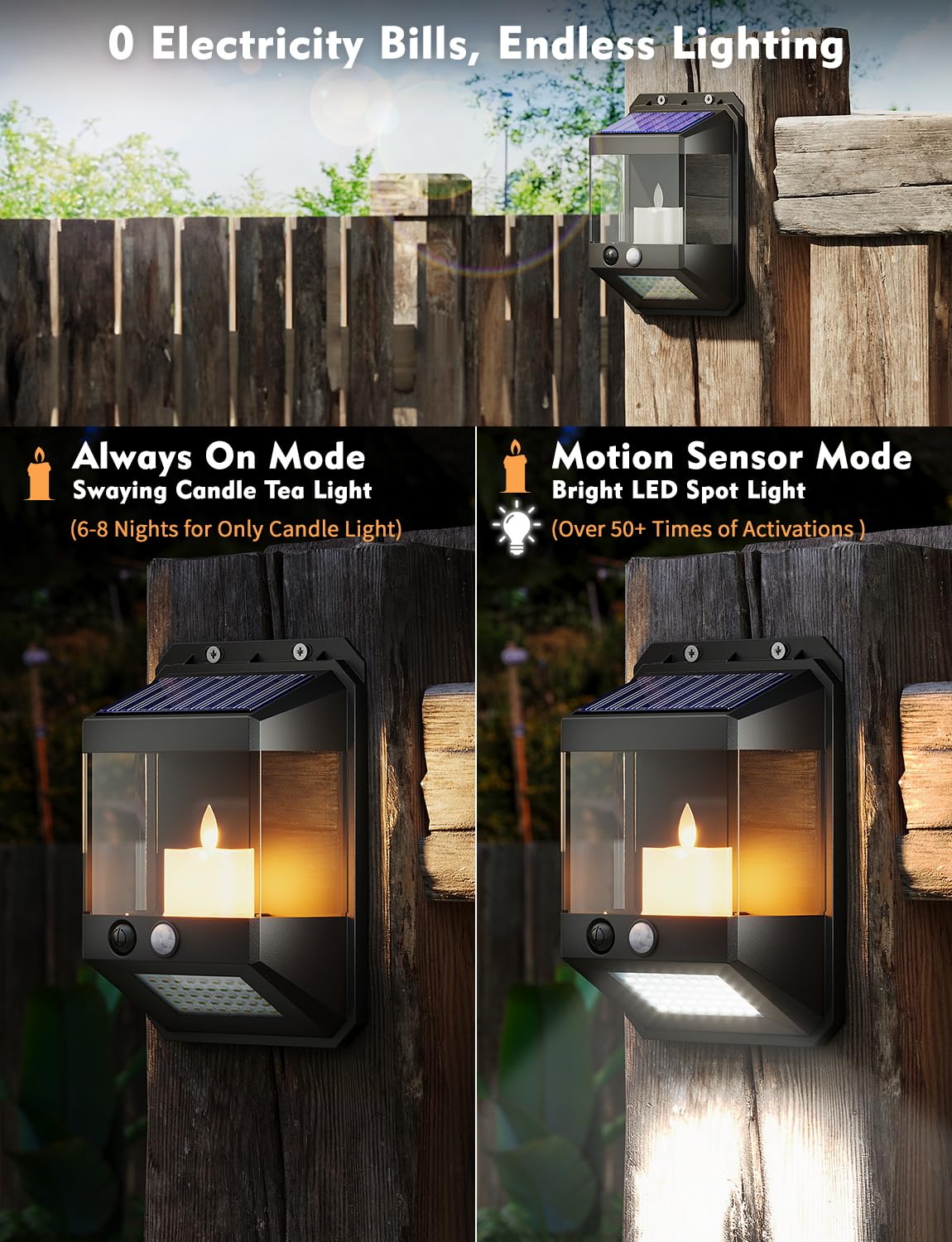 Viodaim Candlelight Flickering Solar Wall Lights Outdoor Motion Lights, Dual-Mode Fence Lights Solar Powered Waterproof, Led Outdoor Wall Lights For House, Gate, Deck, 4Pack [Upgraded]